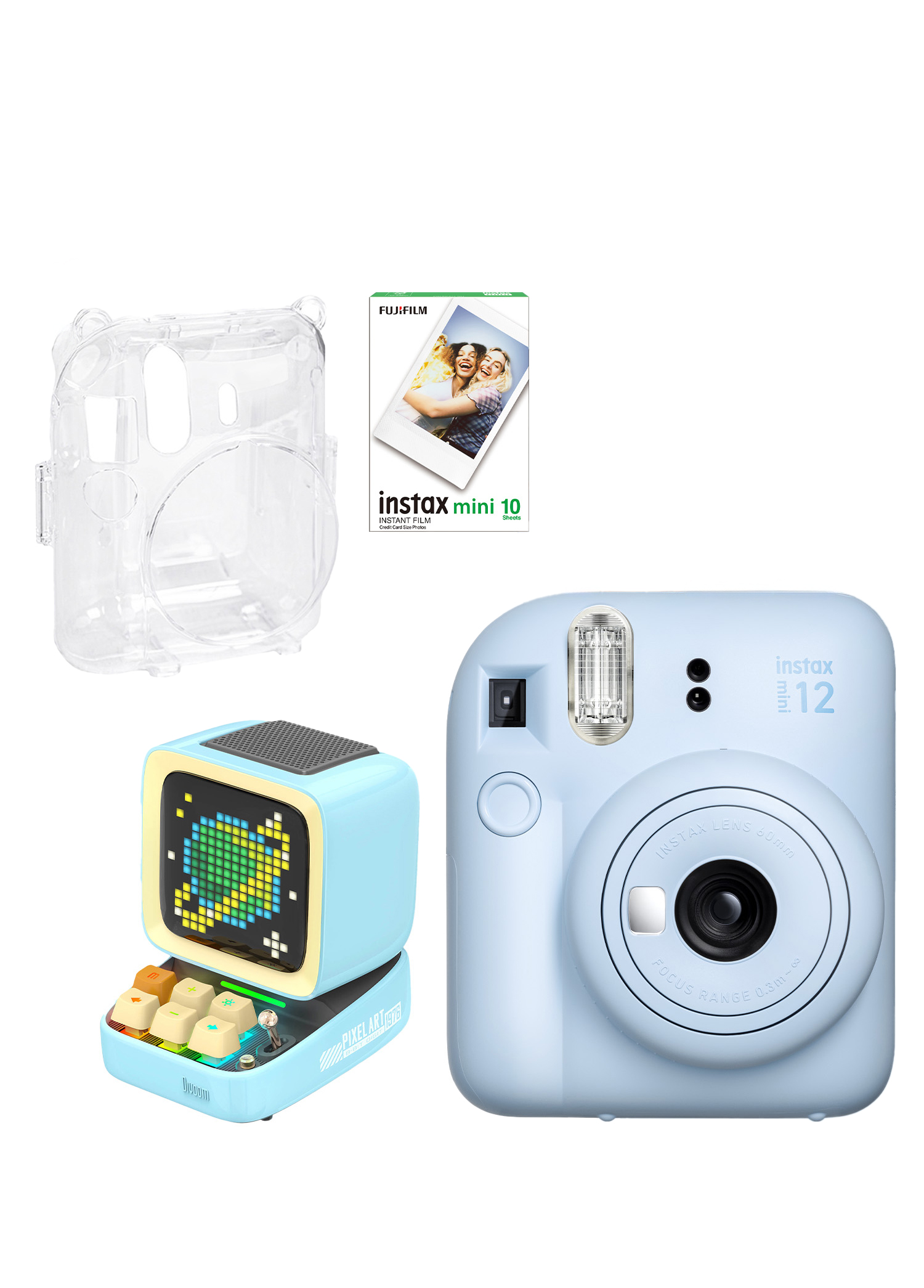 Instax Mini 12 Mavi Fotoğraf Makinesi + 10'lu Film Şeffaf Kılıf ve Divoom Ditoo Pro Mavi  Bluetooth Hoparlör Set