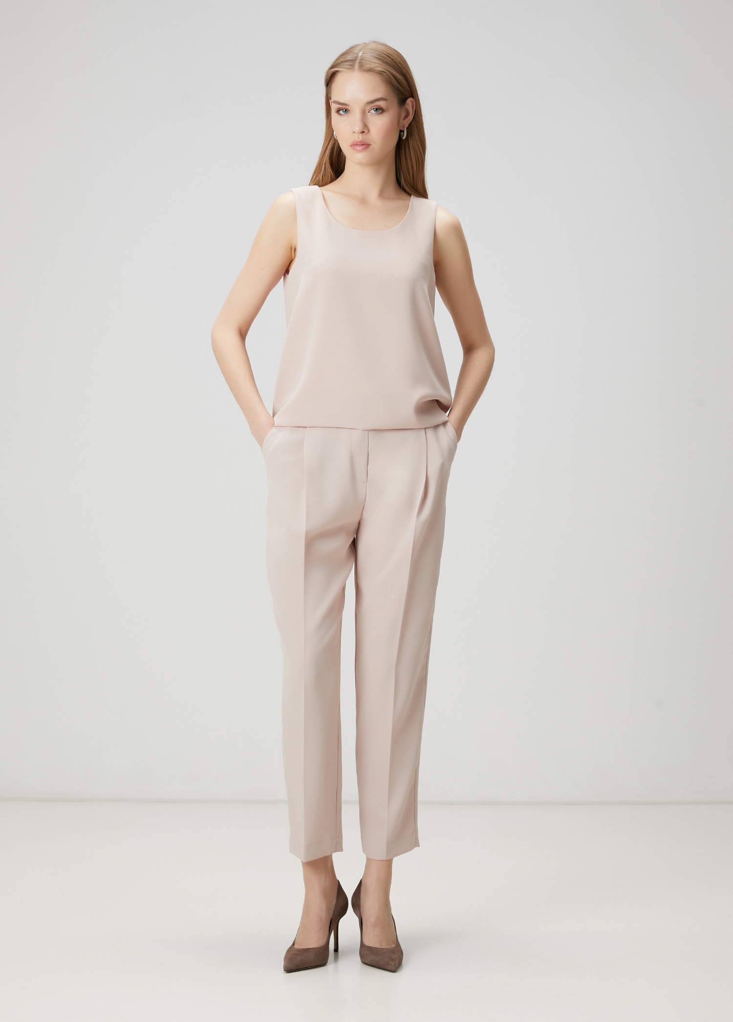 Beige Crepe Carrot Pants