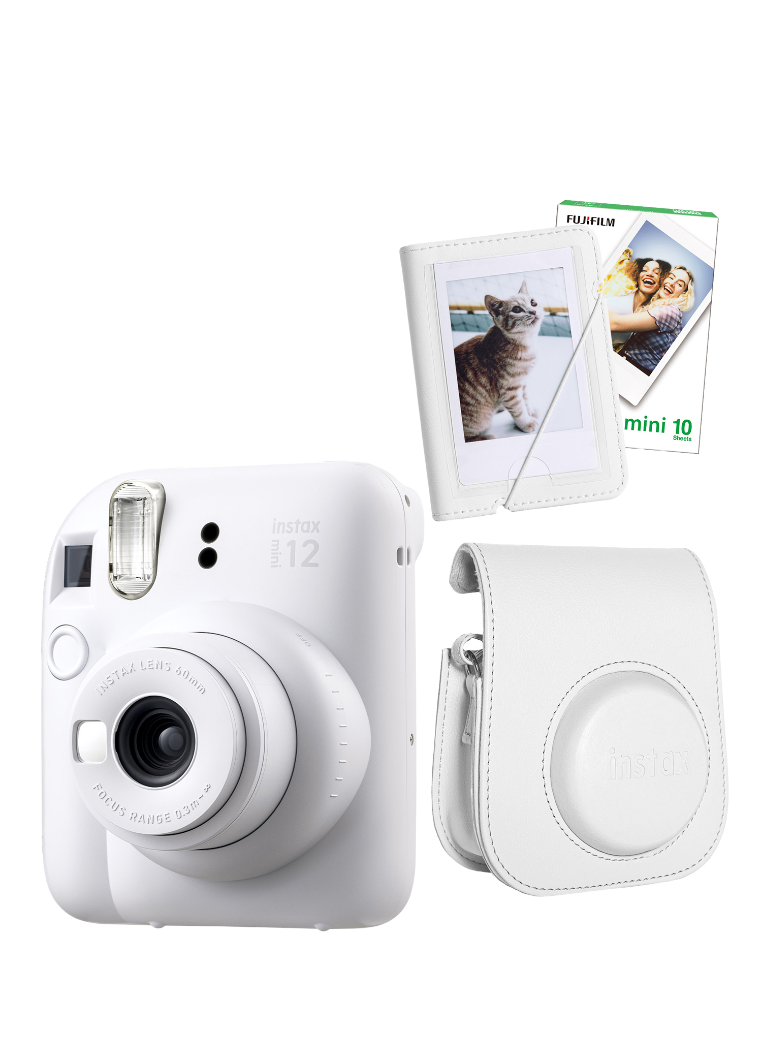 Instax Mini 12 Beyaz Fotoğraf Makinesi + 10'lu Film Mini Albüm ve Deri Kılıflı