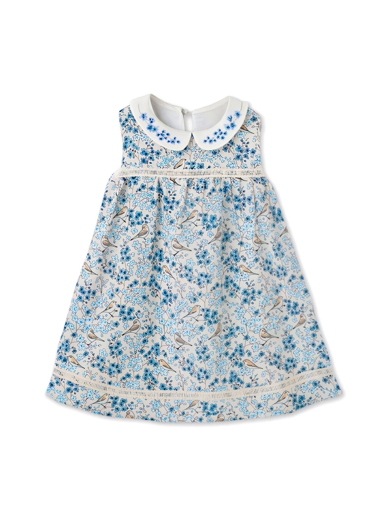Bloomy Spring Desenli Motif İşlemeli Mavi Kız Çocuk Elbise