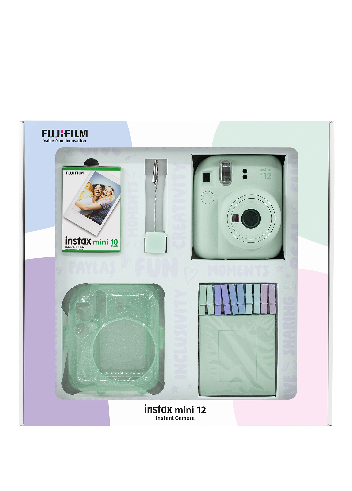 Instax Mini 12 Yeşil Fotoğraf Makinesi Bundle Box + 10'lu Film Simli Pleksi Kılıf Mandal ve Kıskaçlı Resim Standlı