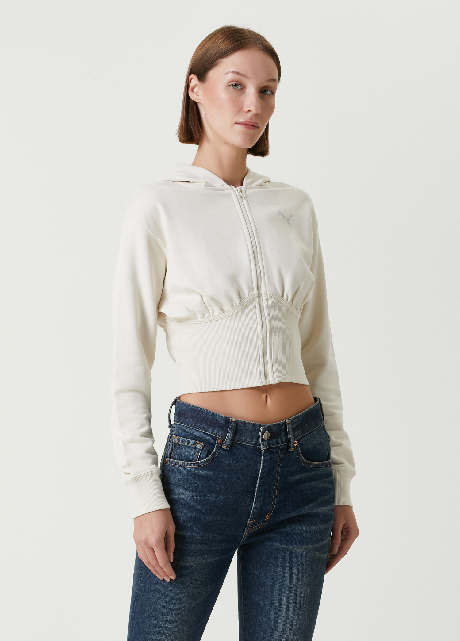 Dare To Beyaz Kapüşonlu Crop Sweatshirt