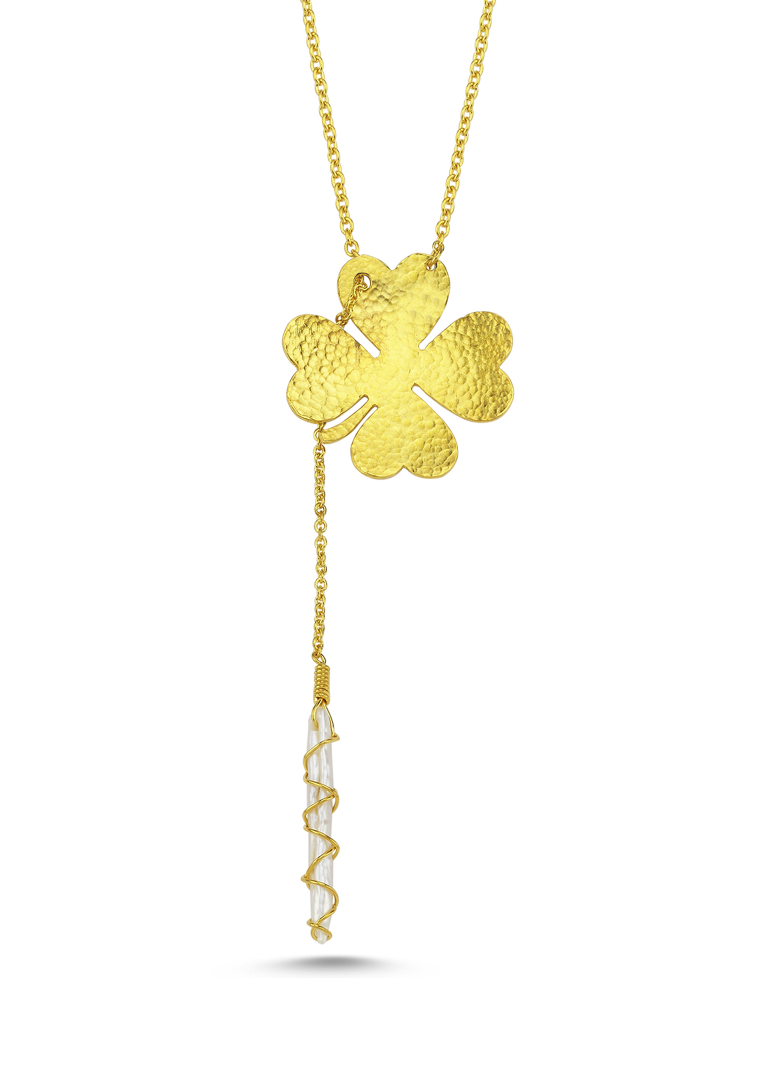 Stick Pearl Clover Dangle Altın Kaplama Kolye