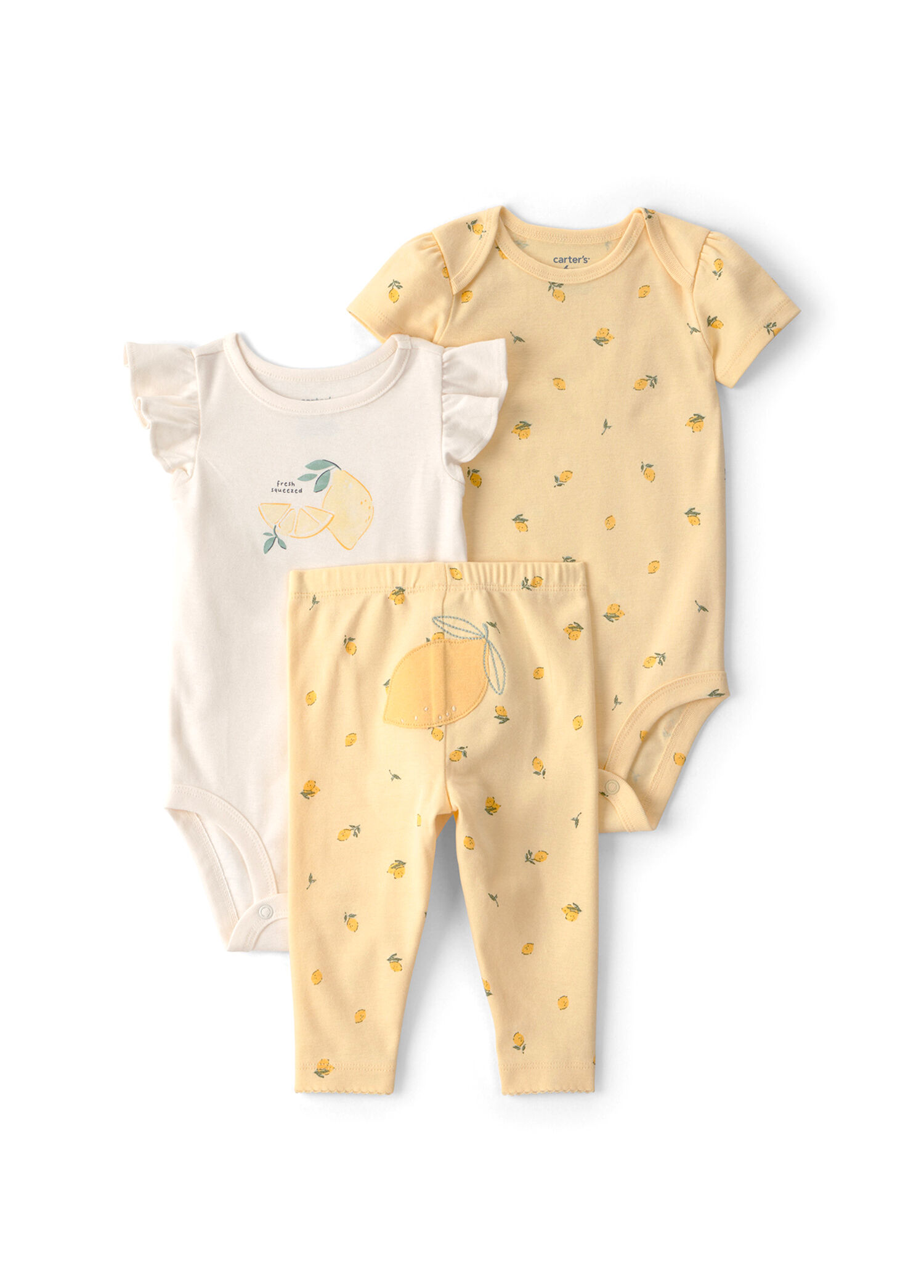 Baskılı Sarı Çıtçıtlı Body ve Pantolon Kız Bebek 3'lü Pijama Takımı