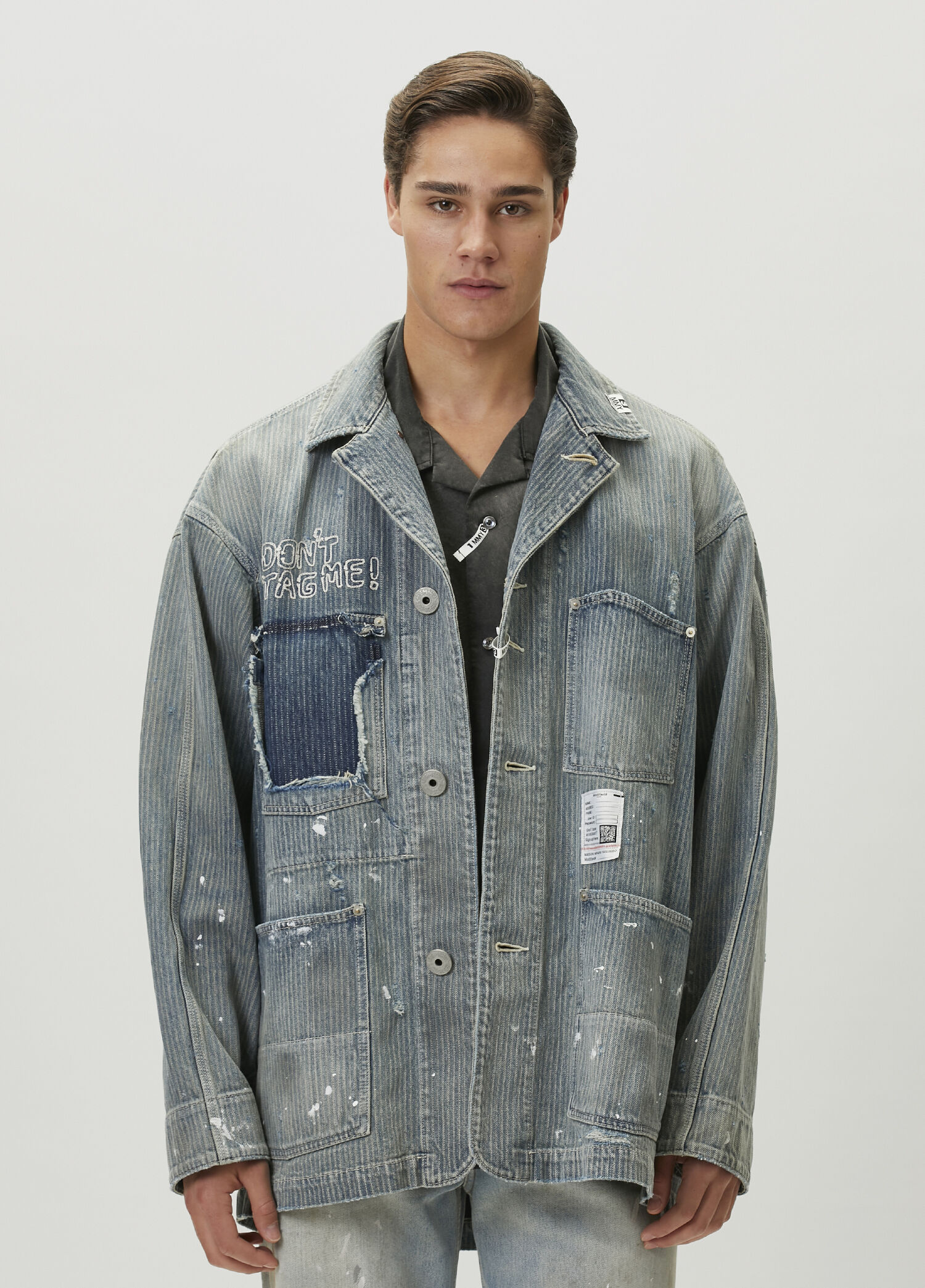 Indigo Çizgi Desenli Yıpratma Detaylı Denim Ceket