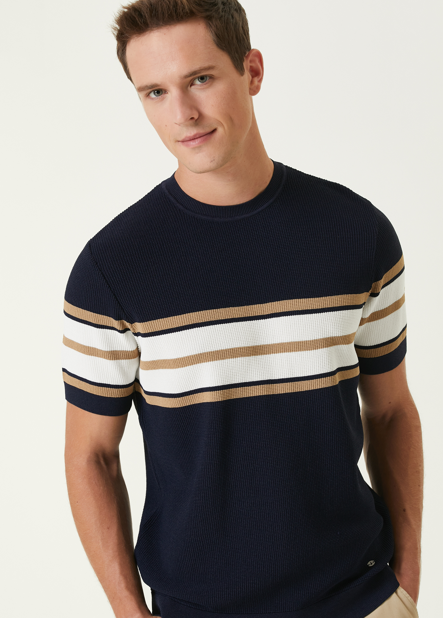 Lacivert Colorblocked Detaylı Kısa Kollu Kazak_1