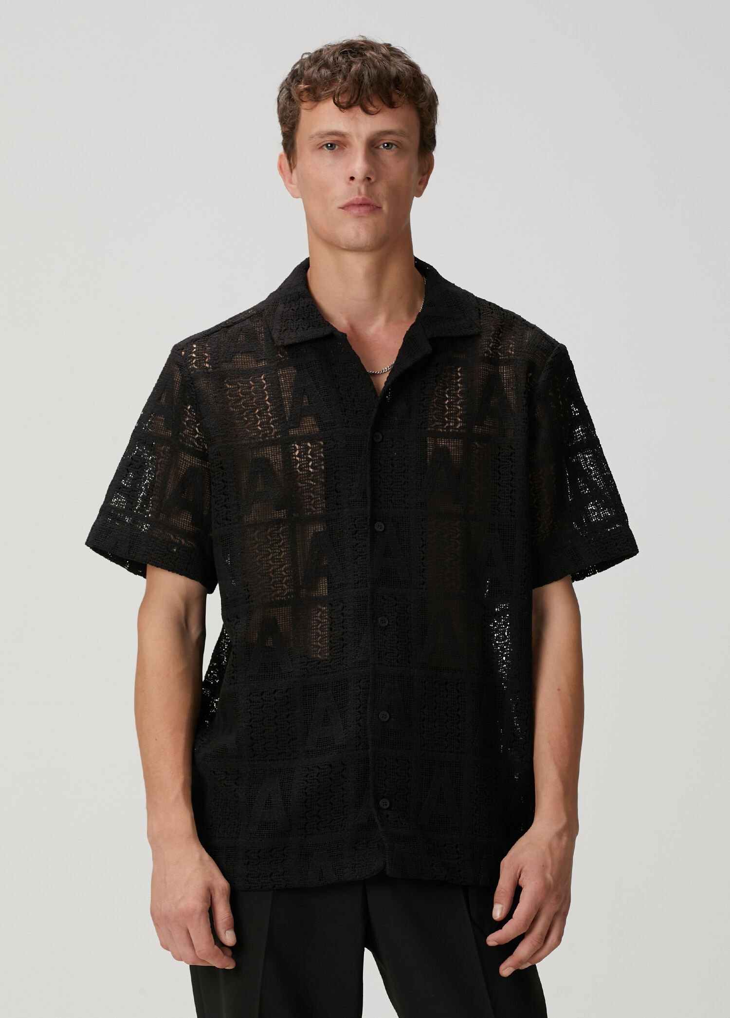 Black Logo Motif Crochet Shirt