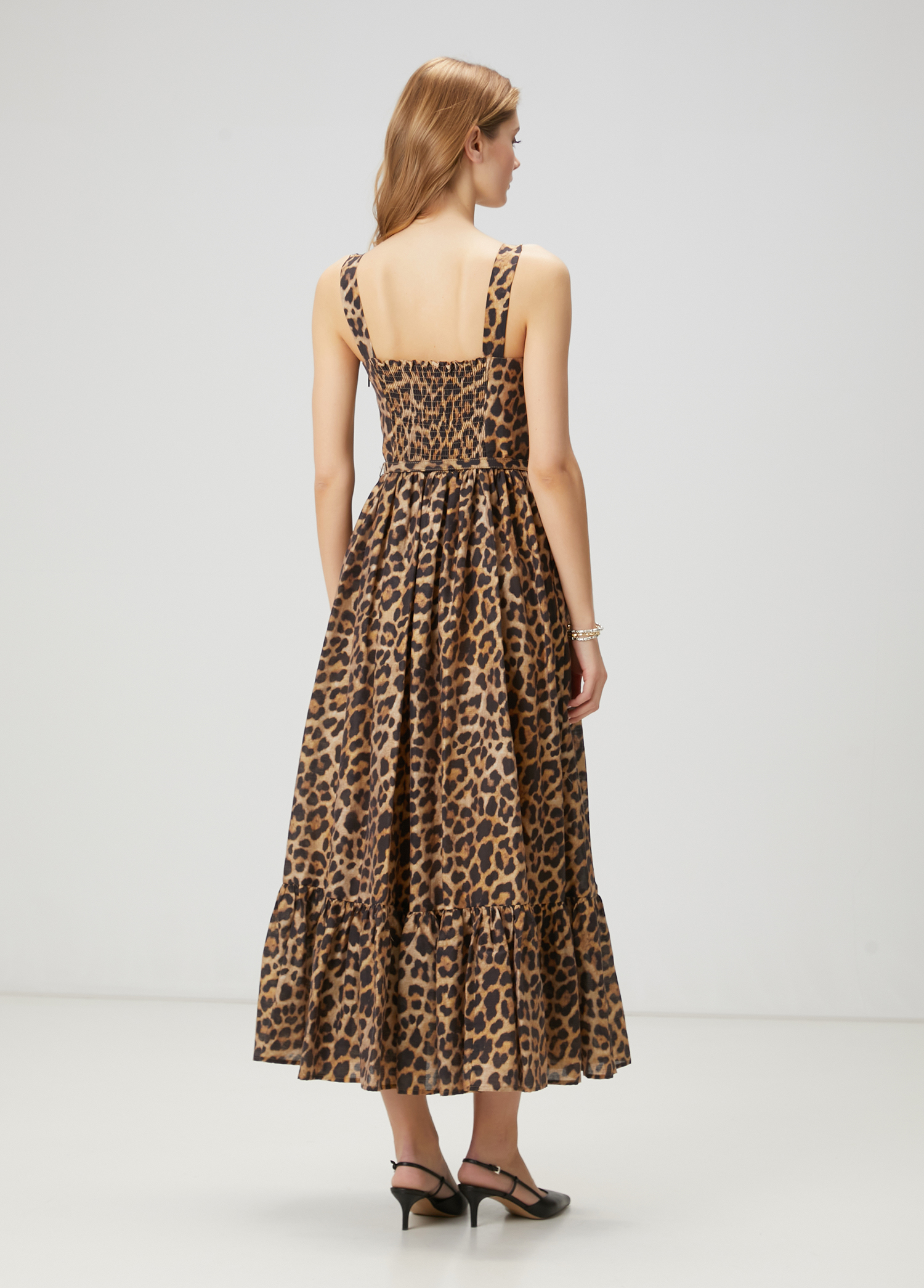 Kahverengi Leopar Desenli Midi Elbise_4