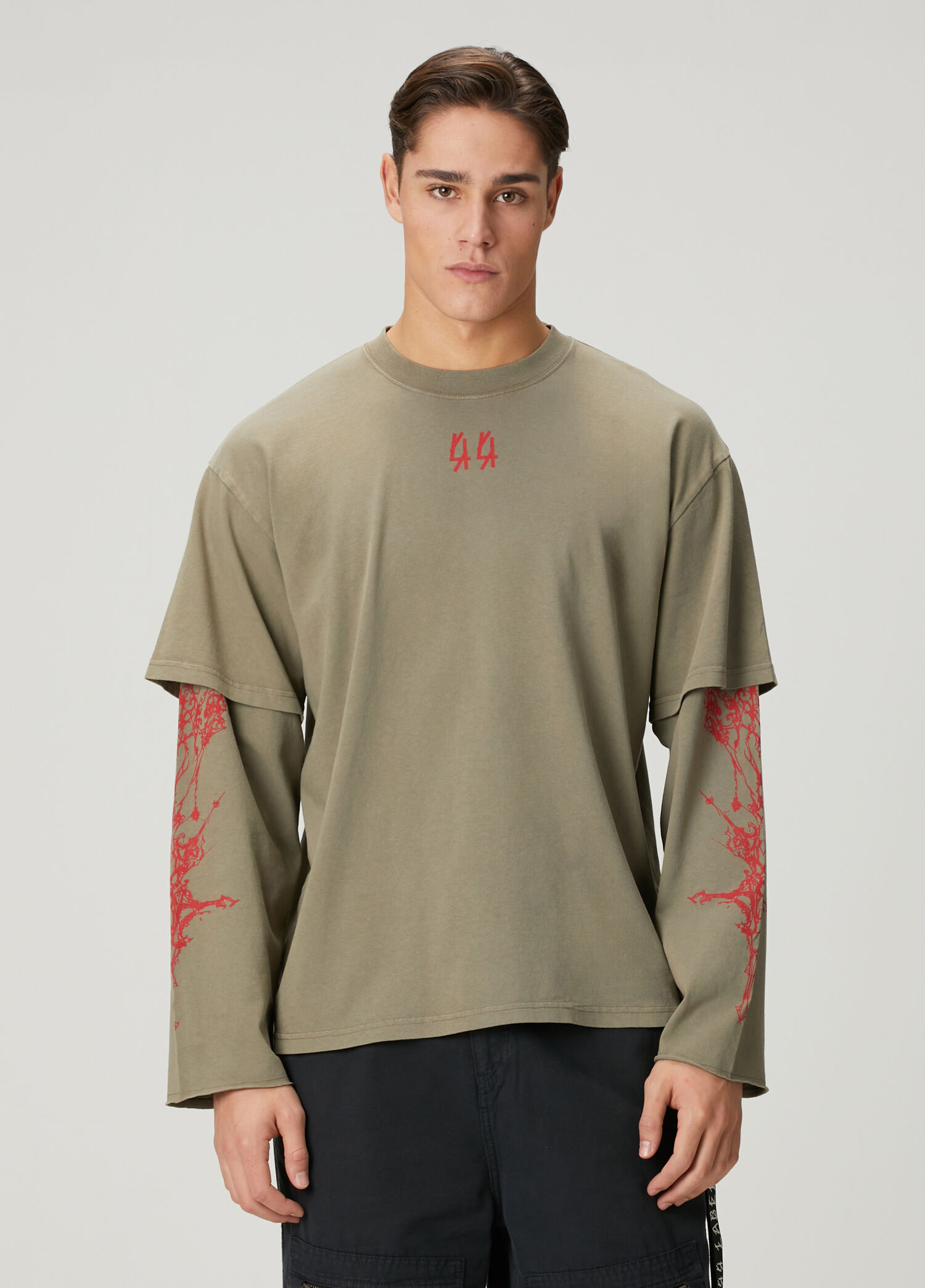 Bej Logo Baskılı Uzun Kollu T-shirt