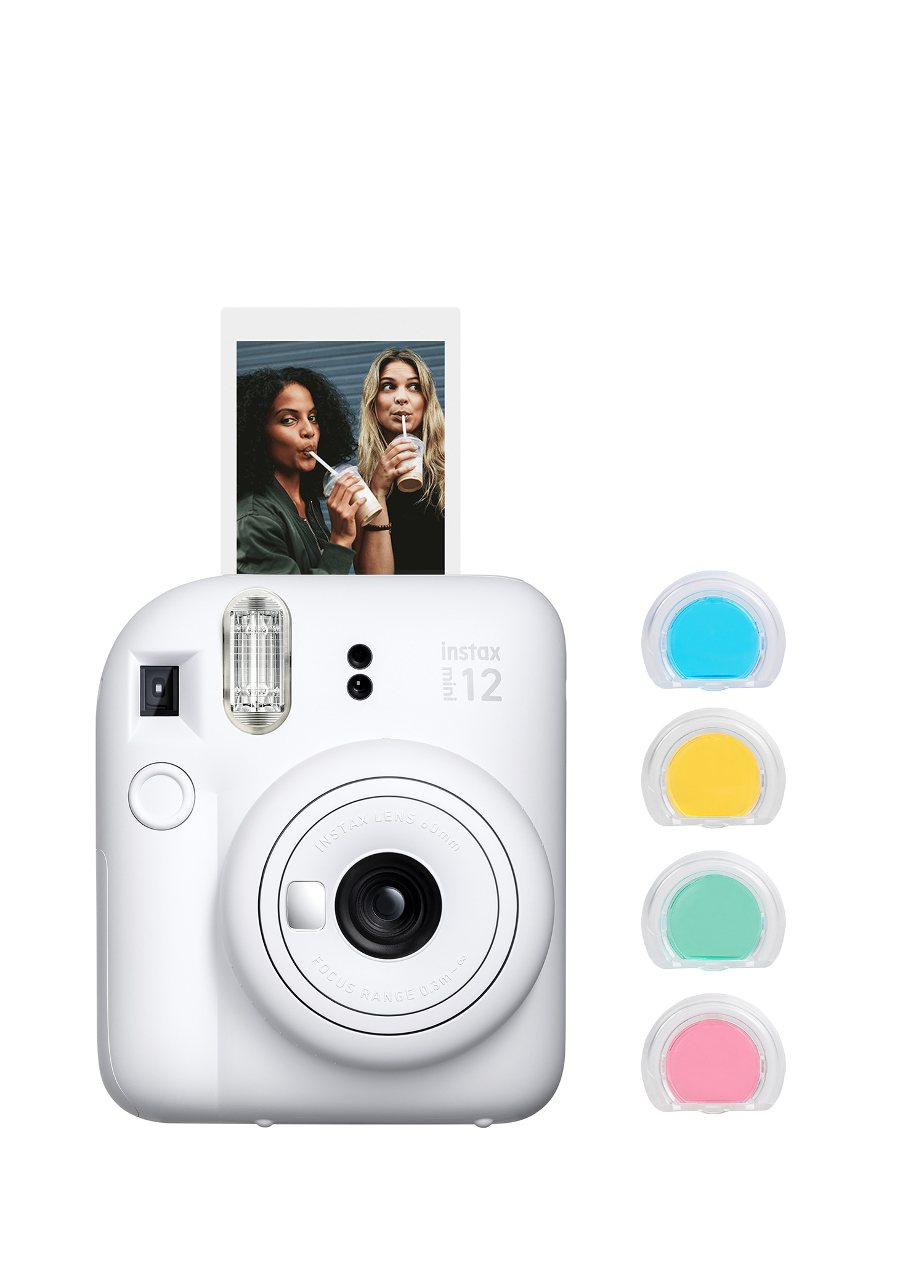 Instax Mini 12 Beyaz Fotoğraf Makinesi + 4'lü Renkli Lens Seti