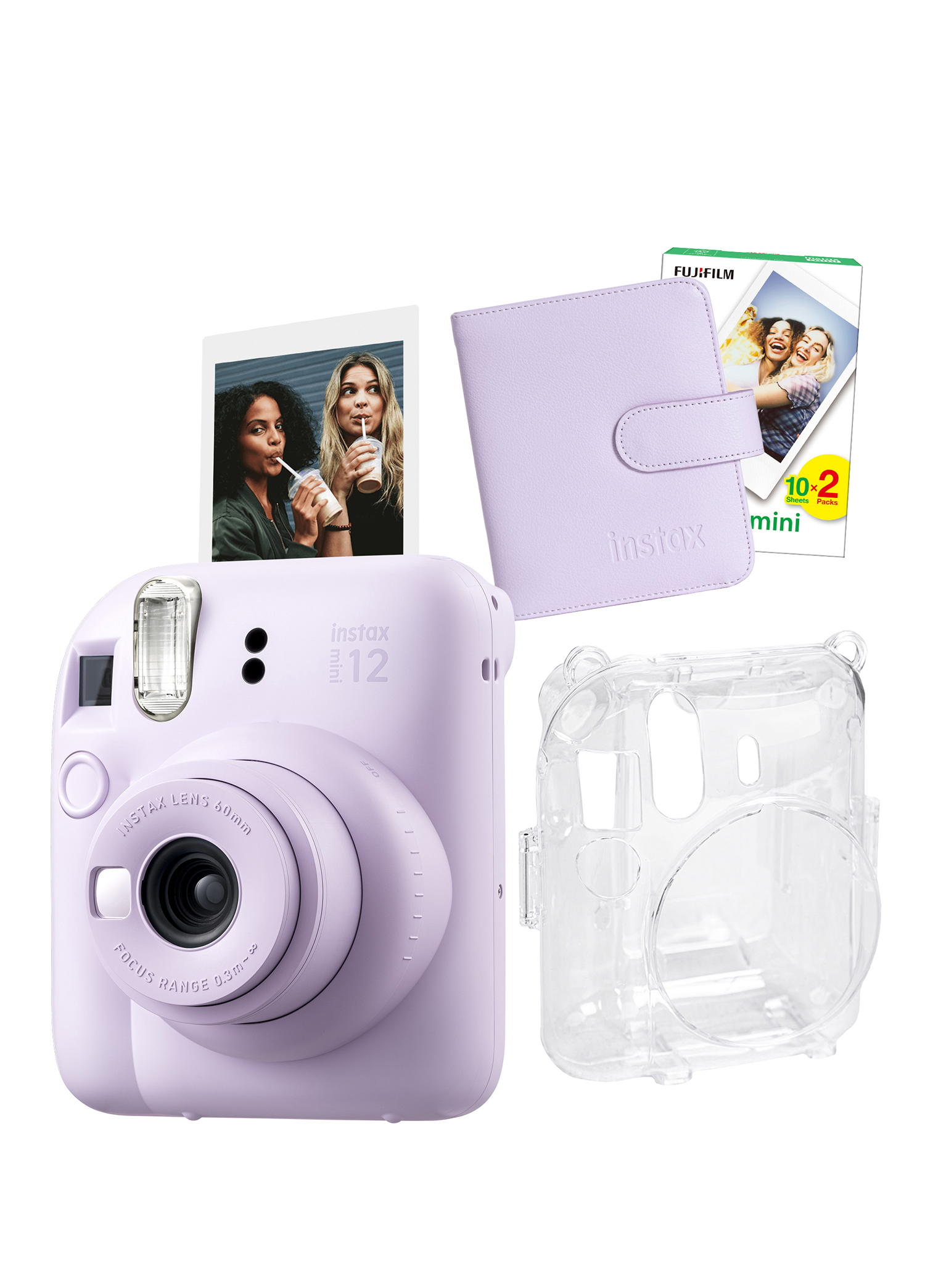 Instax Mini 12 Lila Fotoğraf Makinesi + 20'li Film Kare Albüm ve Şeffaf Kılıf Seti