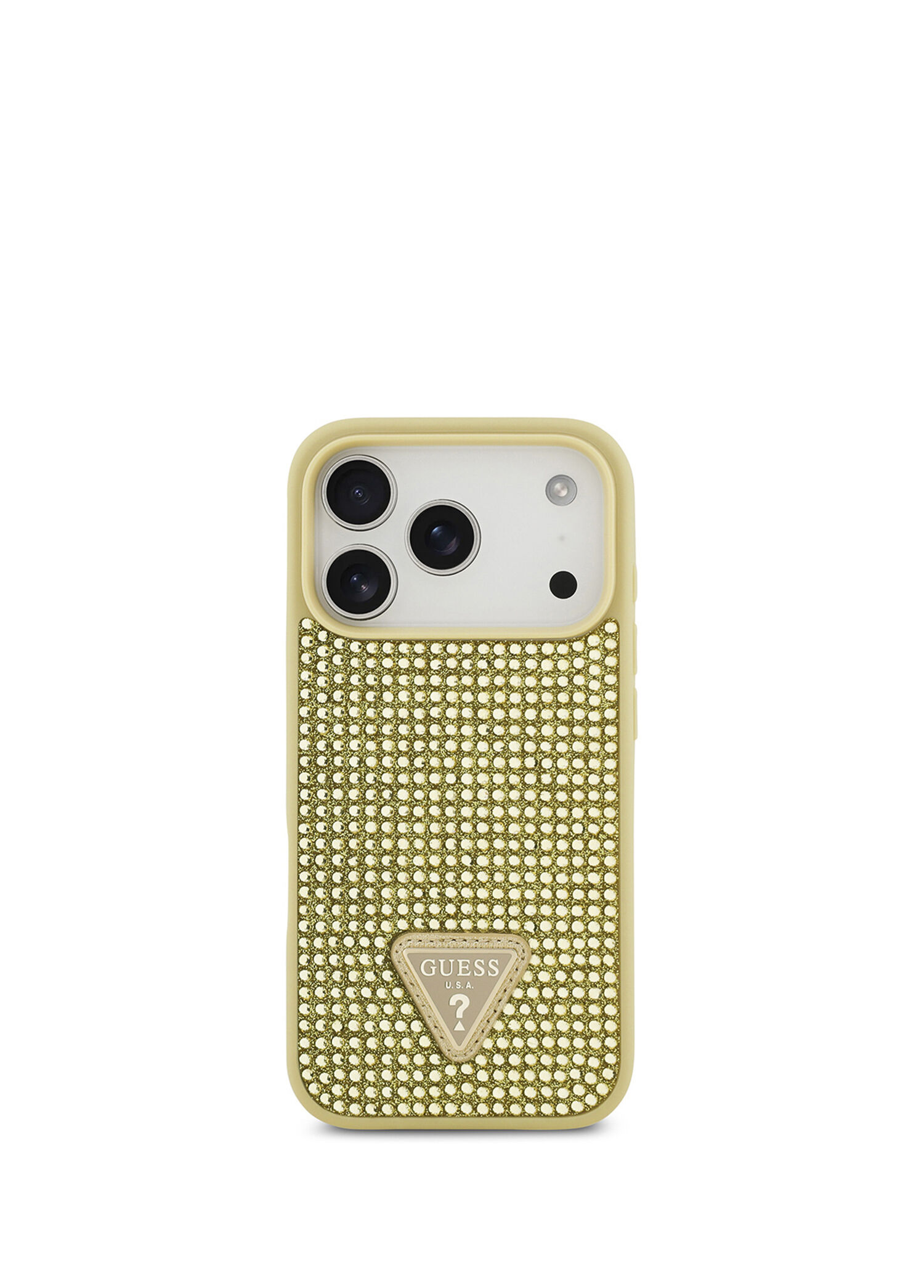 iPhone 17 Pro Taşlı Üçgen Logolu Gold Telefon Kılıfı