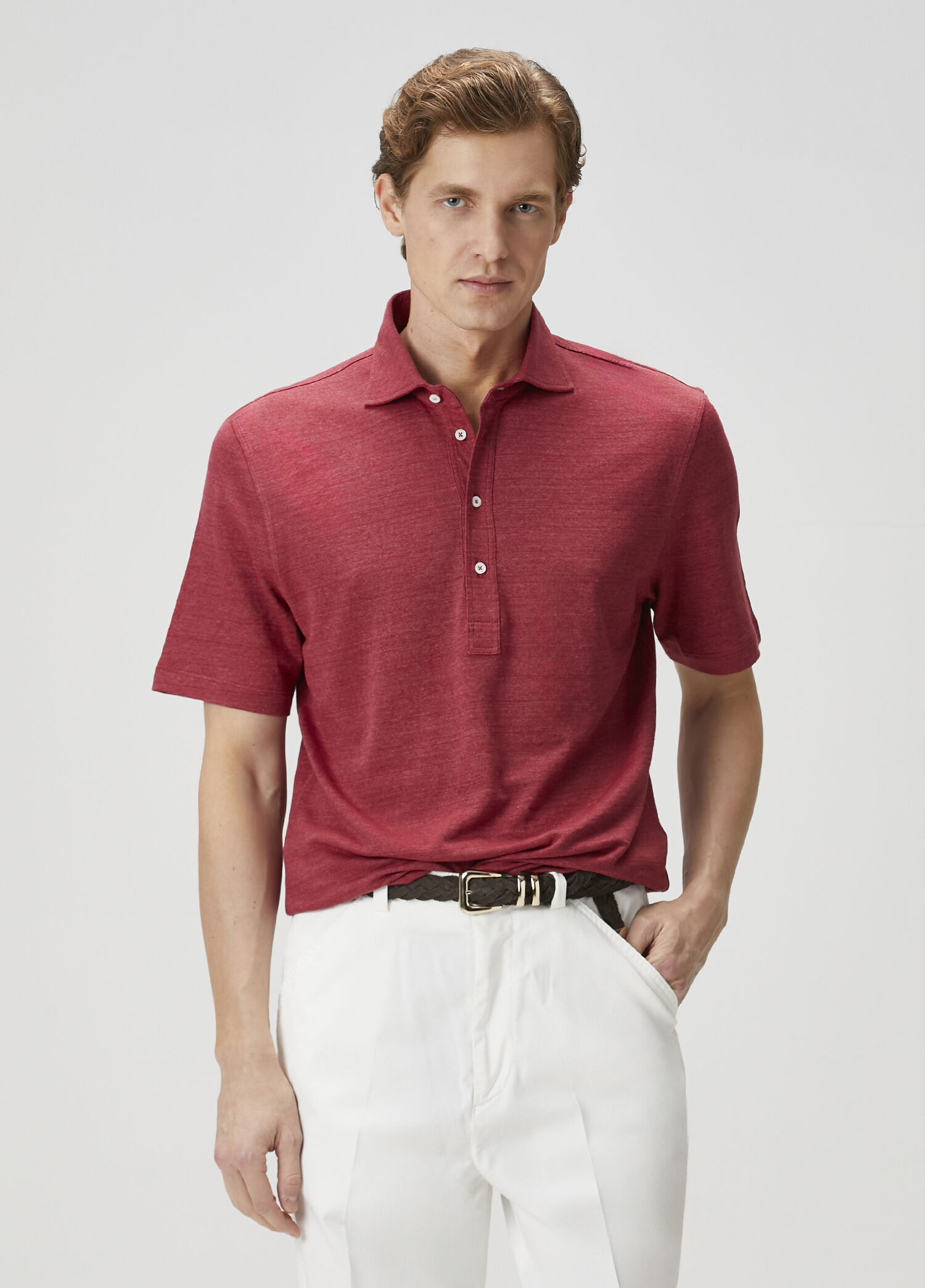 Bordo Polo Yaka Keten T-shirt