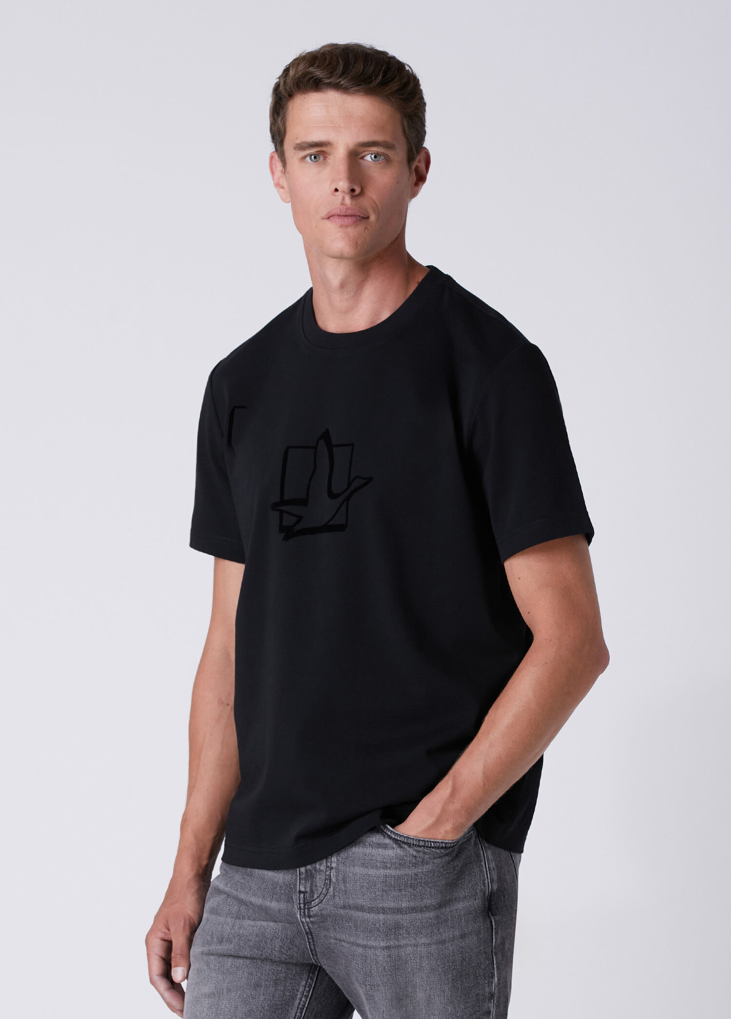 Relax Fit Siyah Kare Kaz Baskılı T-shirt