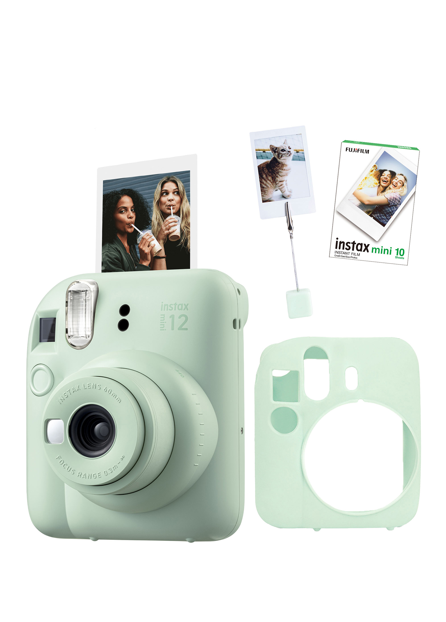 Instax Mini 12 Yeşil Fotoğraf Makinesi + 10'lu Film Kıskaçlı Resim Standı ve Silikon Kılıf Seti