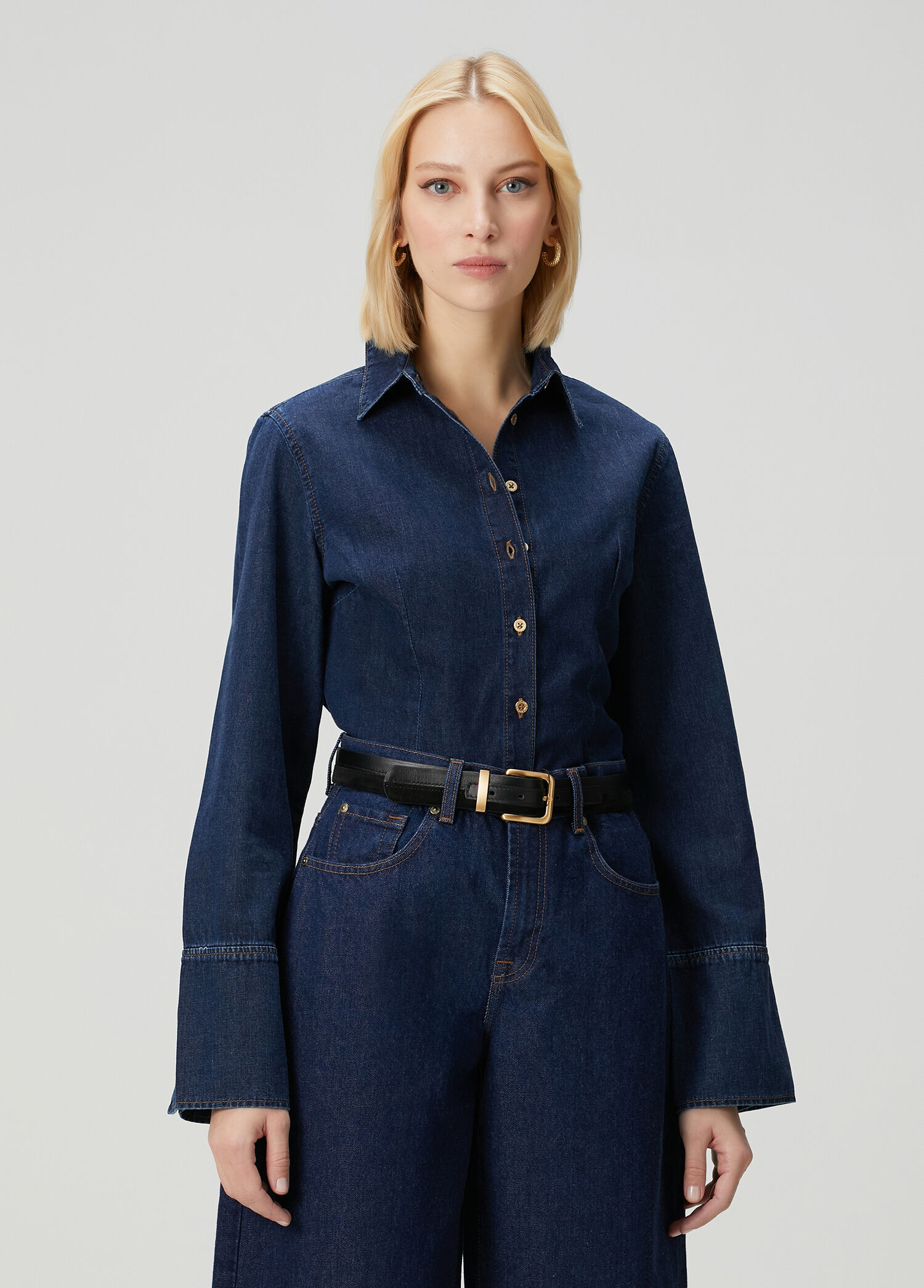 Lacivert Geniş Manşetli Denim Gömlek