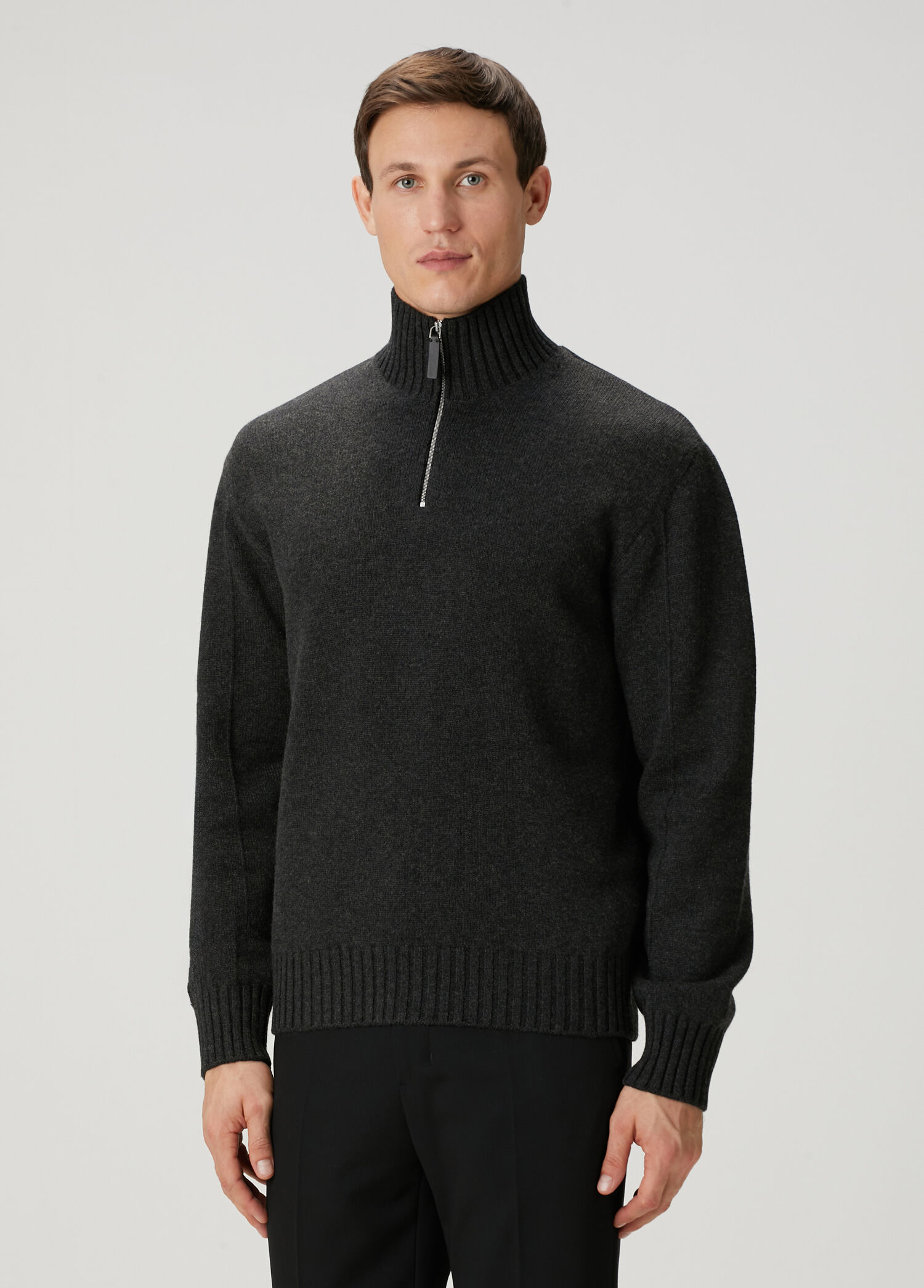 Gri Yakası Fermuarlı Yün Sweatshirt