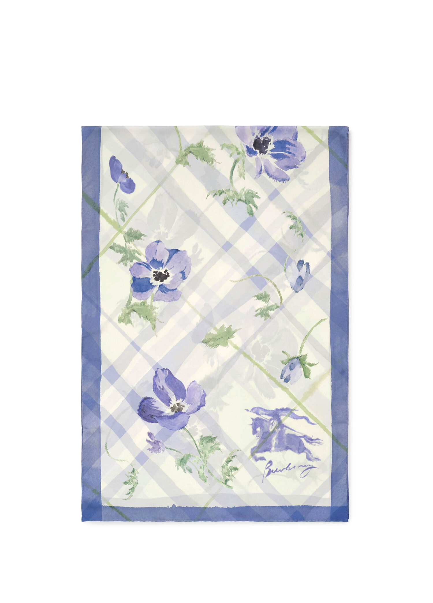 Wide Watercolour Check Silk Mavi İpek Kadın Eşarp