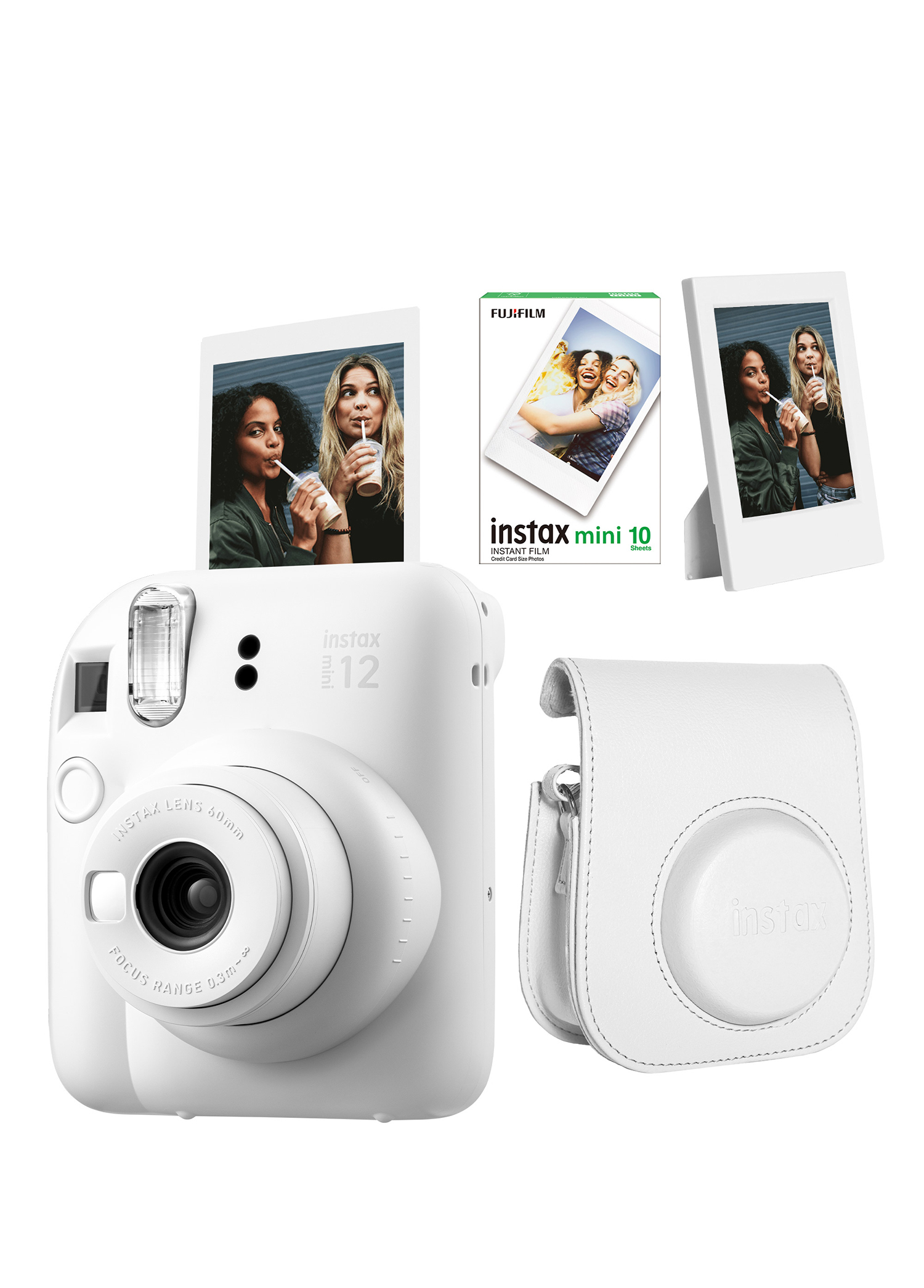 Instax Mini 12 Beyaz Fotoğraf Makinesi + 10'lu Film Çerçeve ve Deri Kılıf Seti