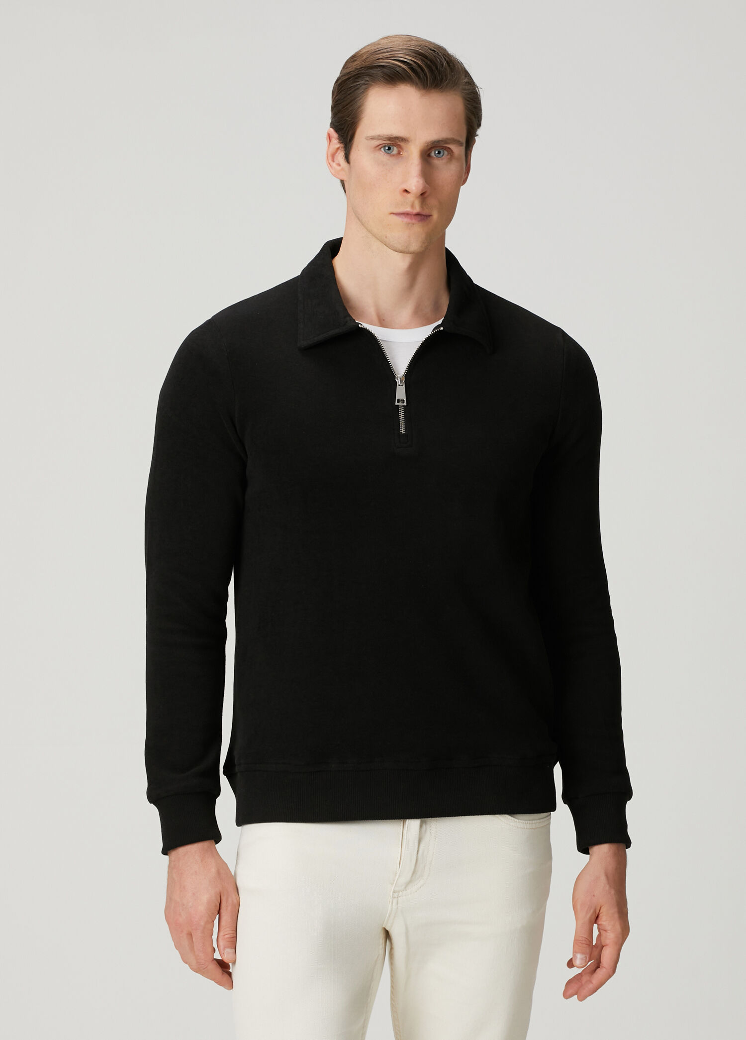 St. Moritz Siyah Polo Yaka Yarım Fermuarlı Erkek Sweatshirt