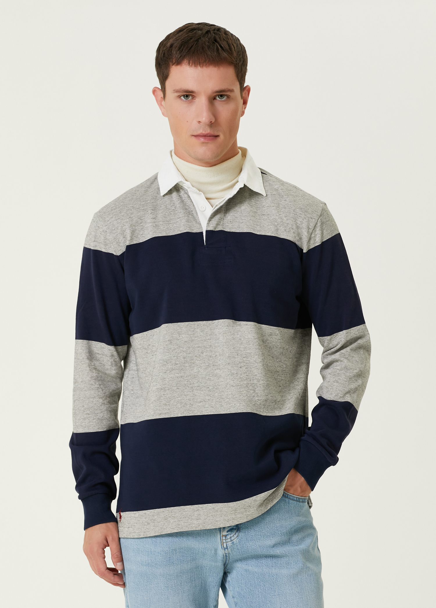 Lacivert Gri Polo Yaka Çizgi Desenli Sweatshirt