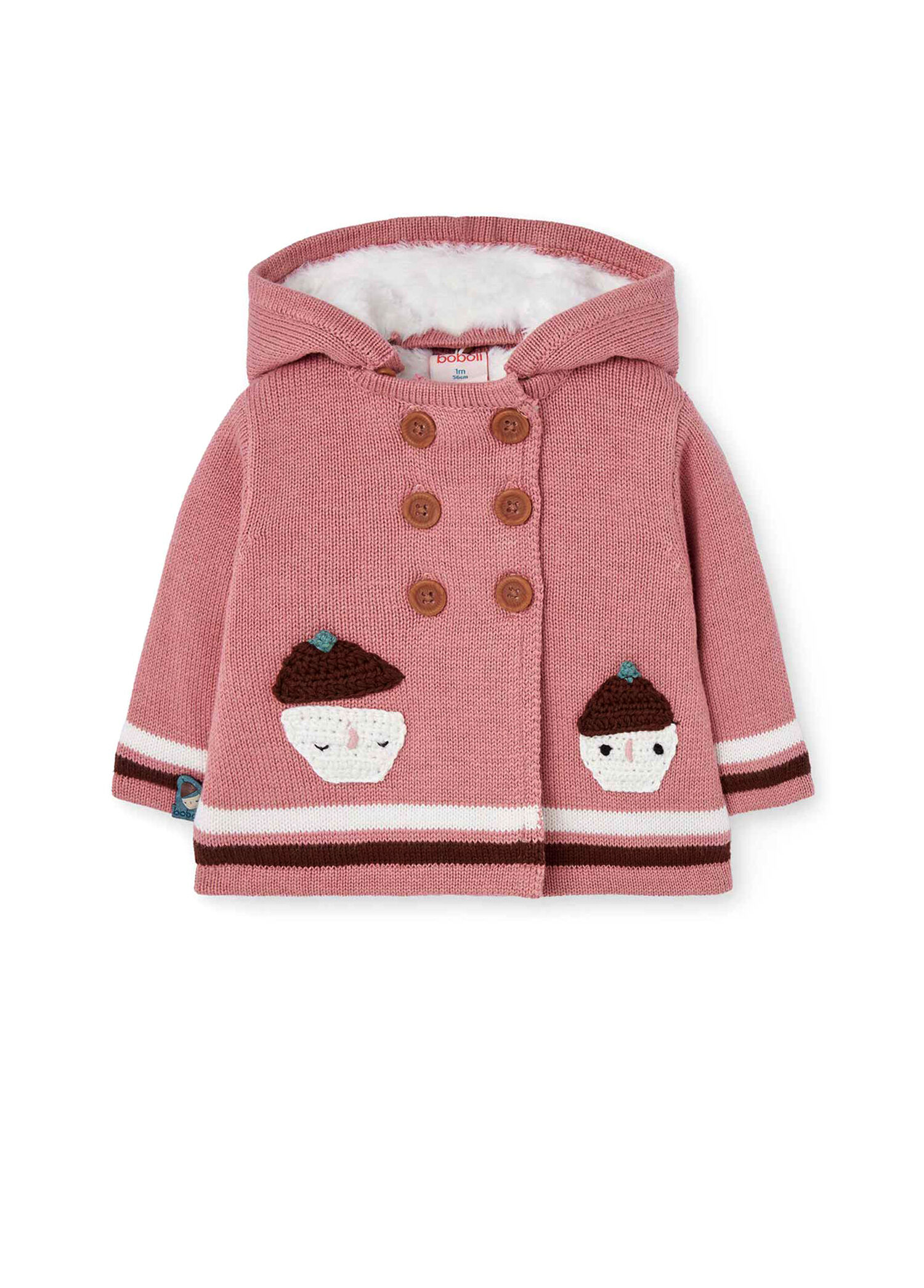 Meyve Desenli Kapüşonlu Kız Bebek Örme Hırka
