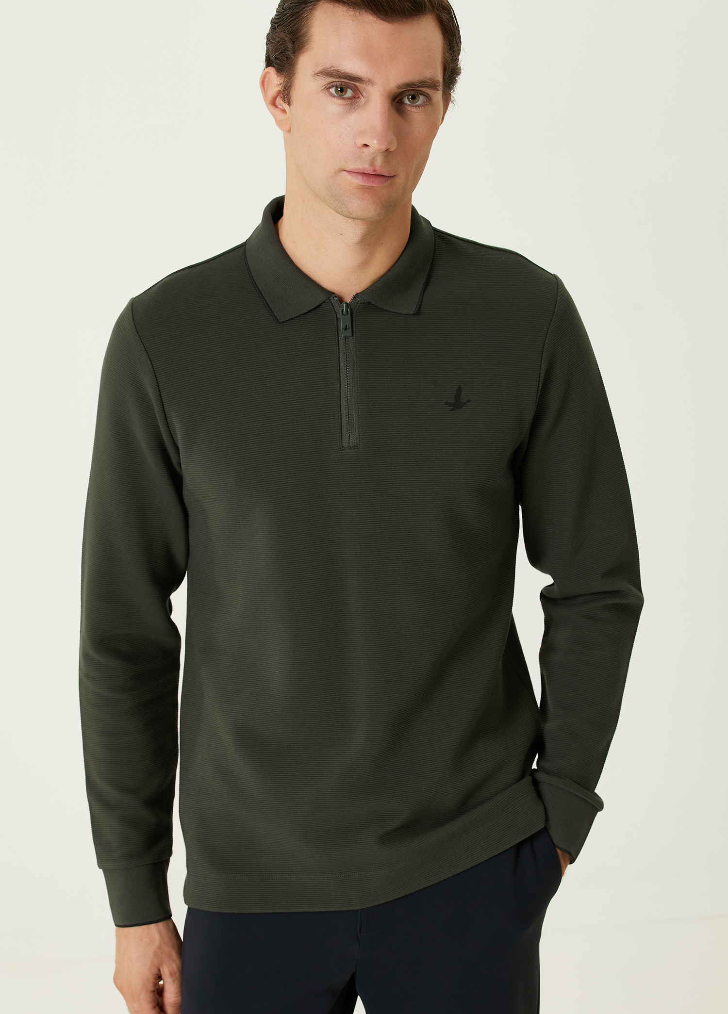 Slim Fit Haki Polo Yaka Ottoman Dokulu Sweatshirt_1