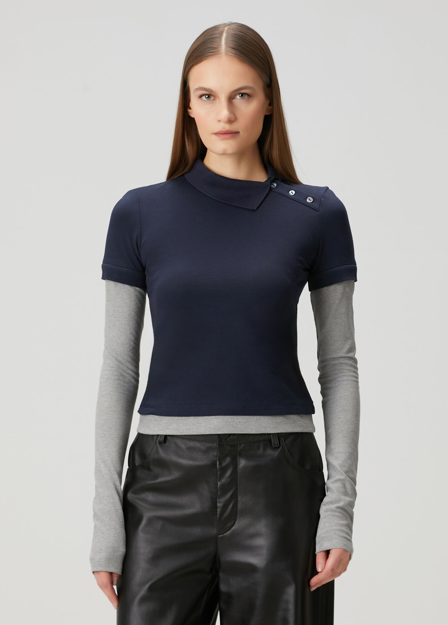 Lacivert Gri Uzun Kol Polo T-shirt