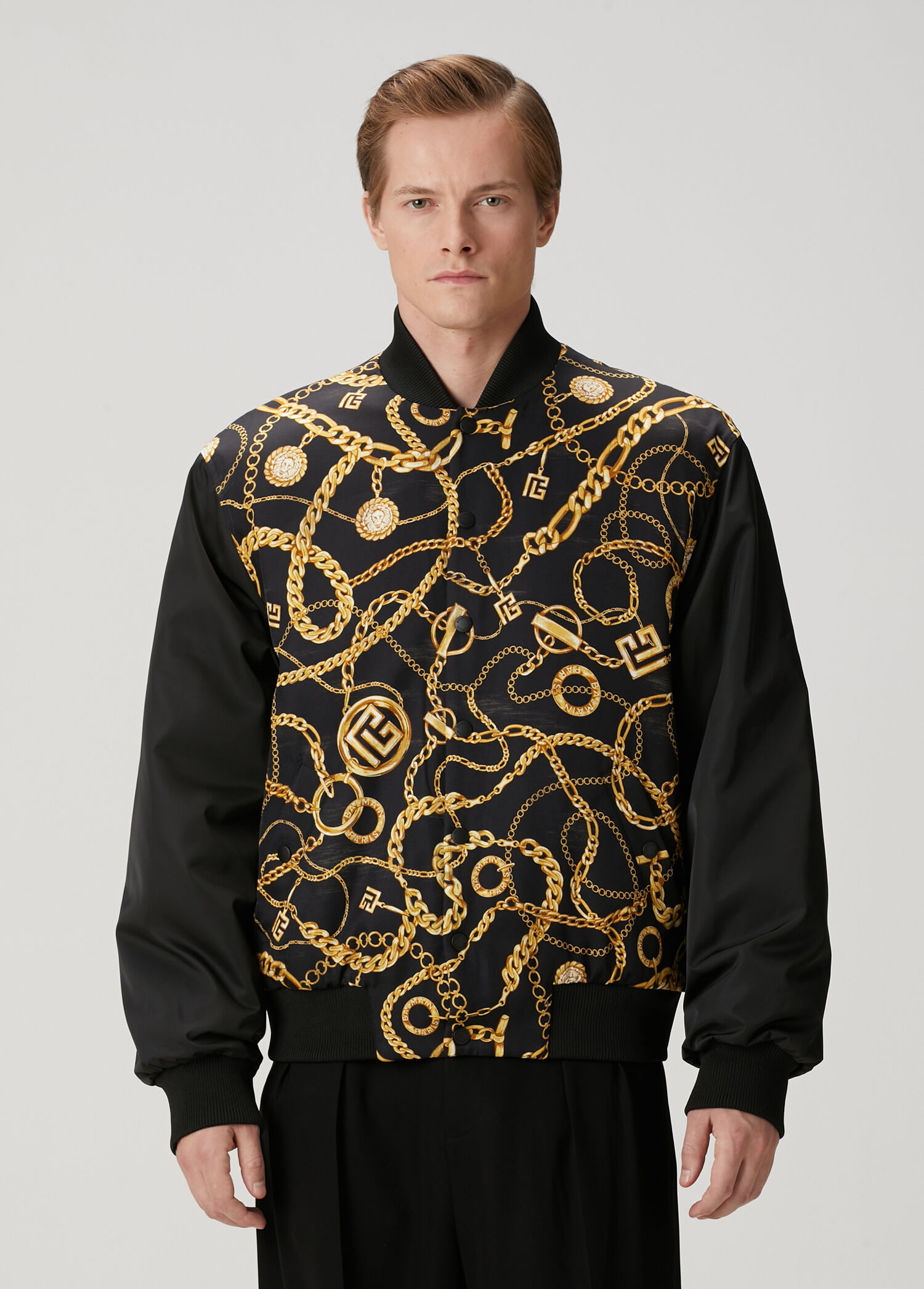 Siyah Gold Desenli Çift Taraflı Bomber Mont