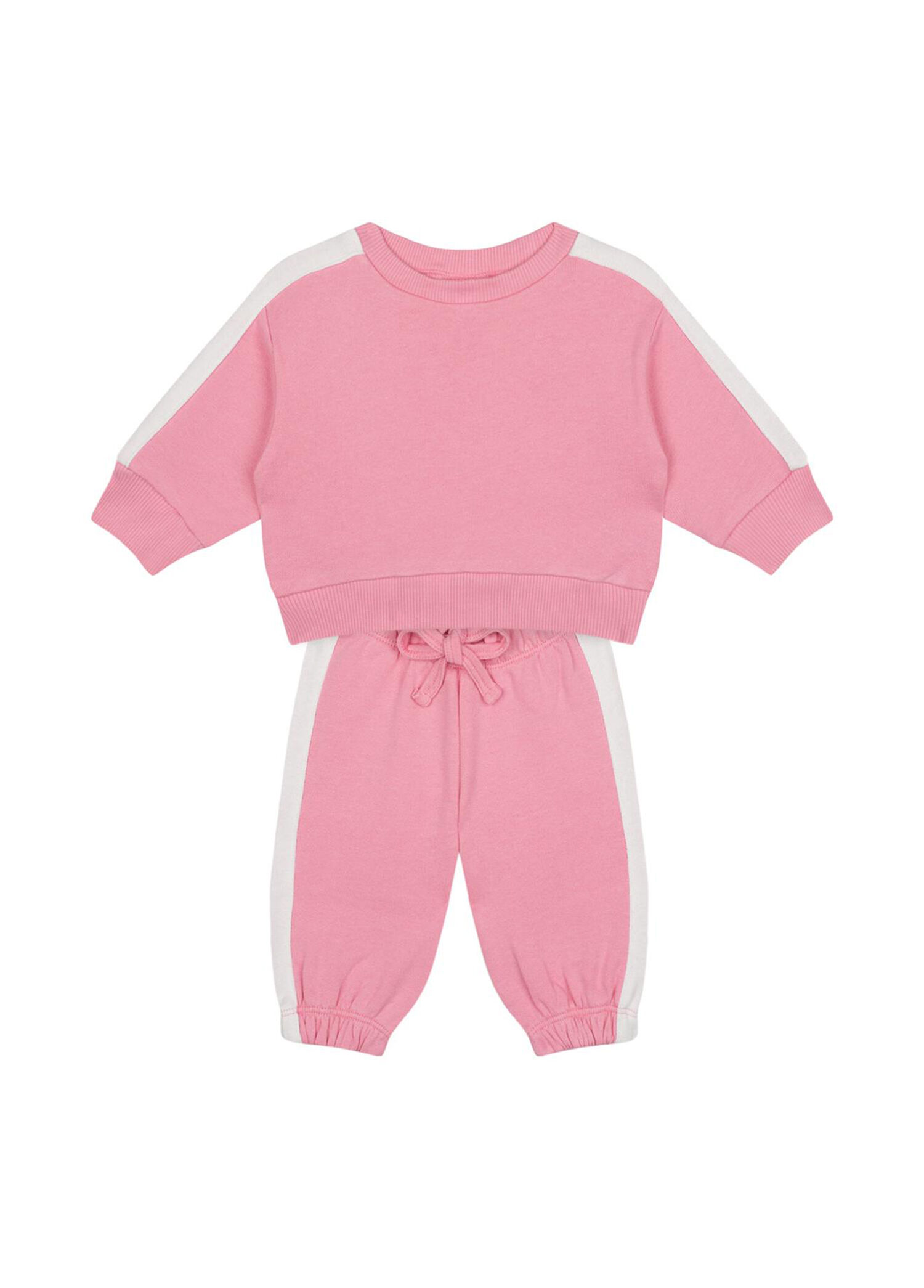 Pembe Beyaz Kontrastlı Sweatshirt ve Pantolon Kız Bebek 2'li Set