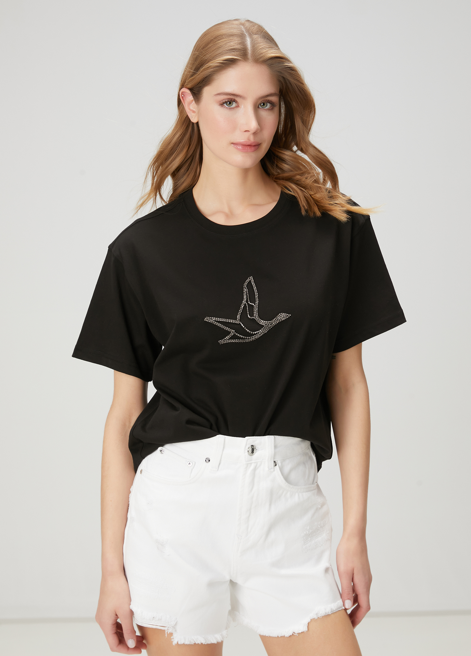 Siyah Taşlı Kaz Logolu T-shirt_3