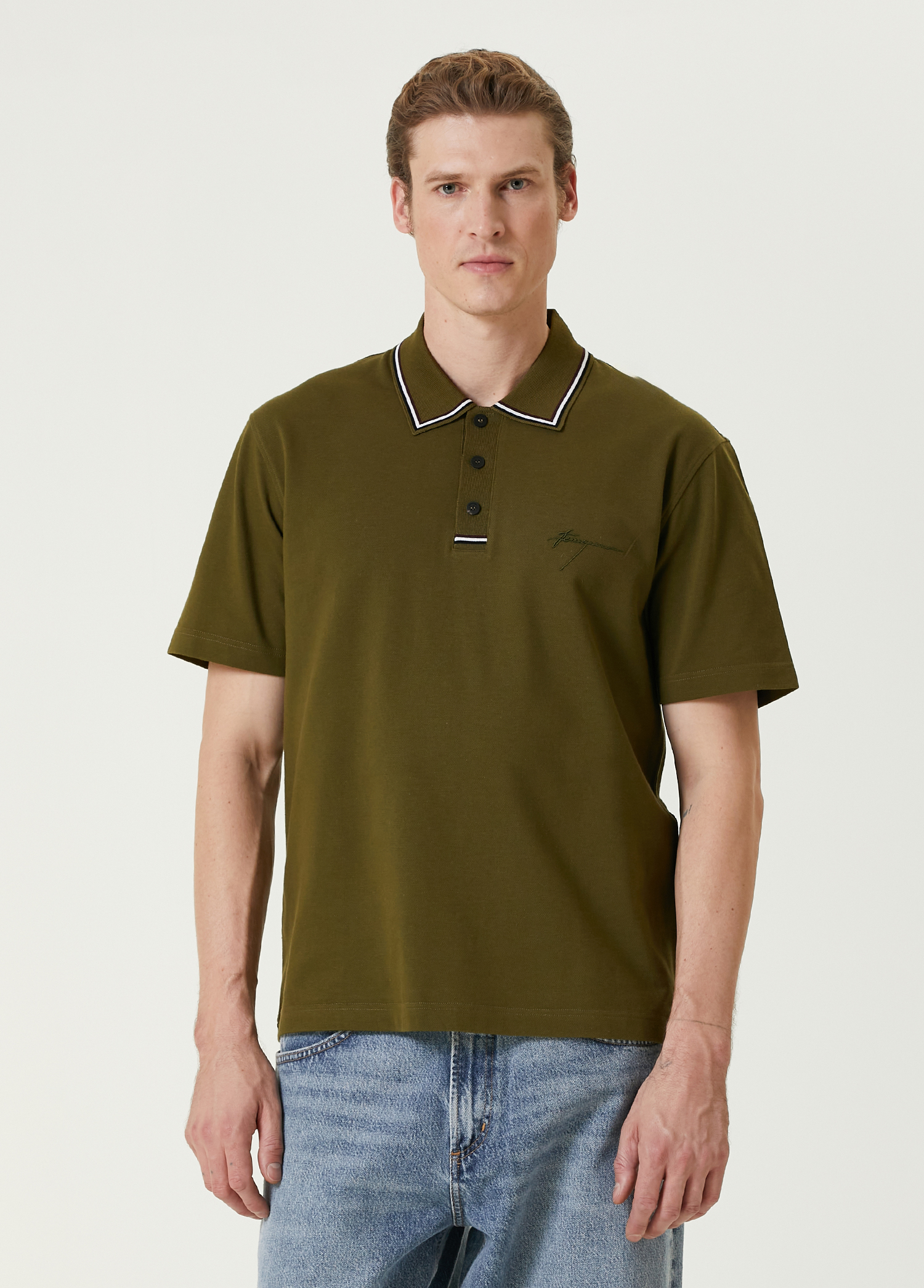 Haki Polo Yaka Logo Nakışlı T-shirt