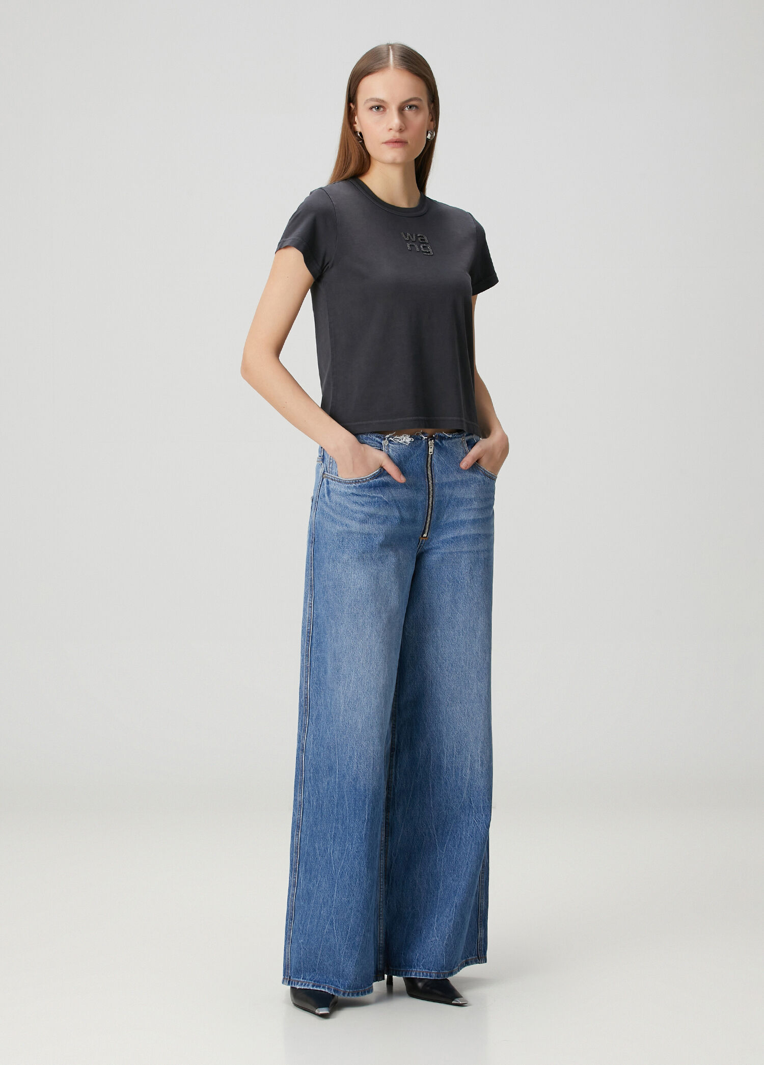 T by Alexander Wang Siyah Kadın Antrasit Hotfix Logolu T-shirt