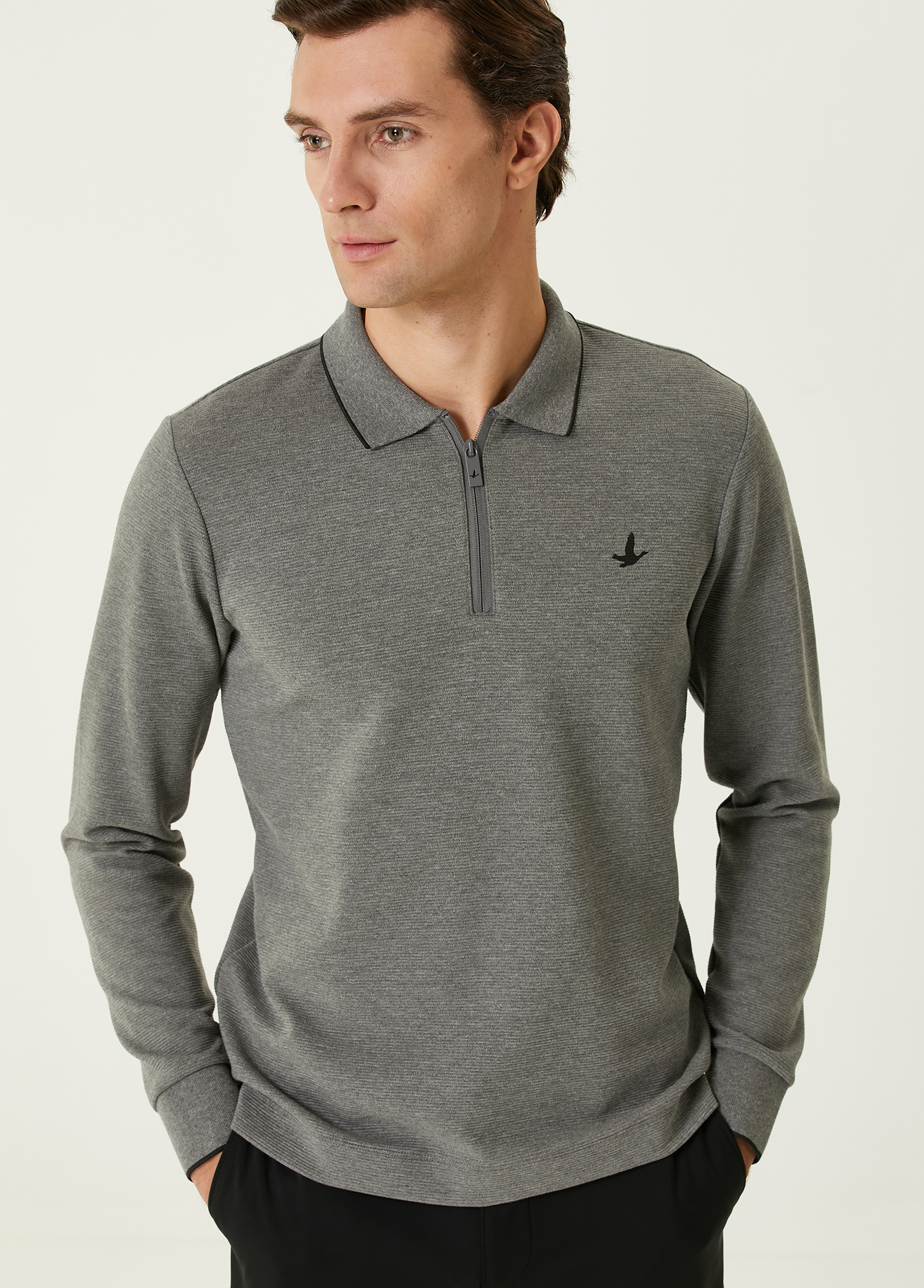 Slim Fit Gri Polo Yaka Ottoman Dokulu Sweatshirt_1