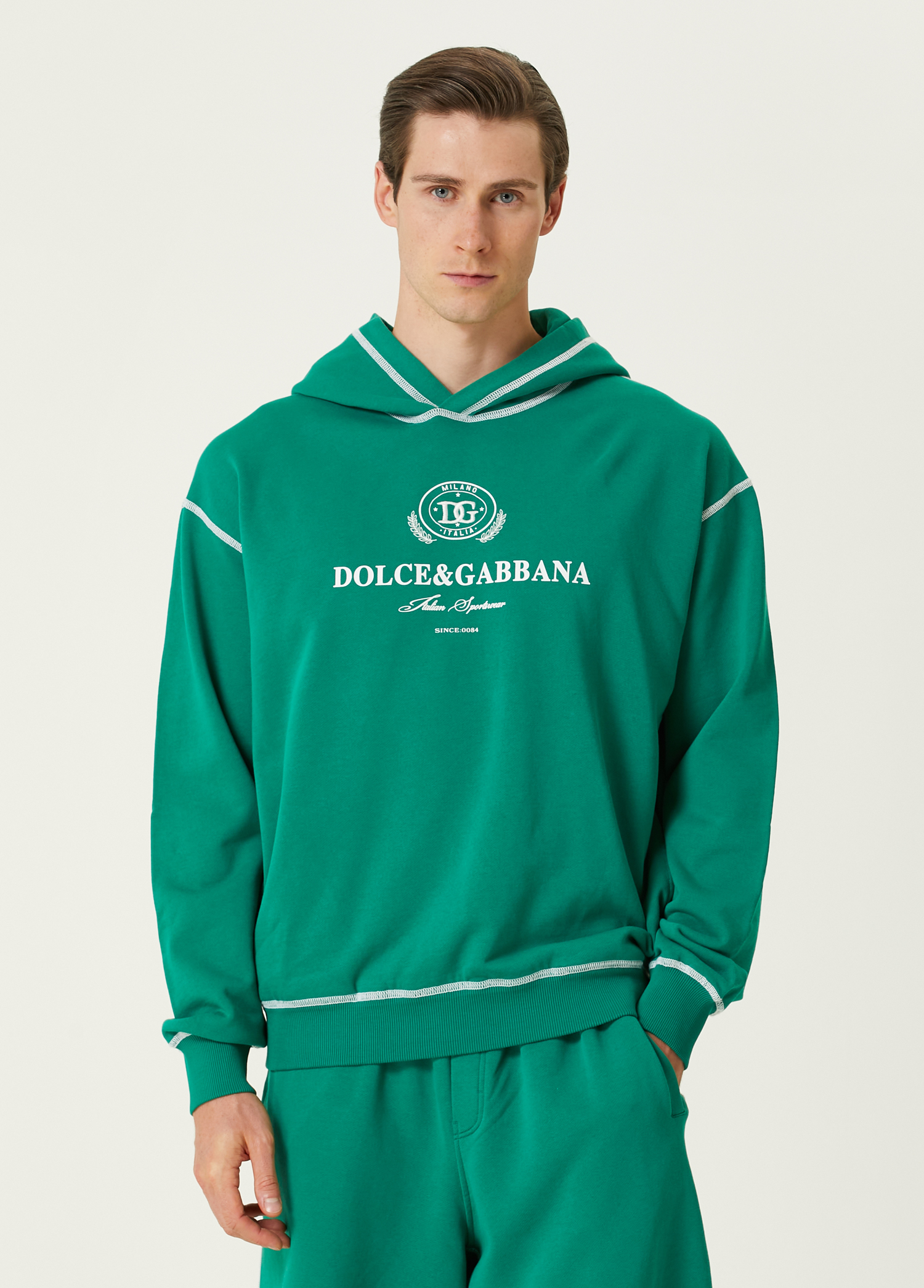 Yeşil Kapüşonlu Logo Baskılı Sweatshirt