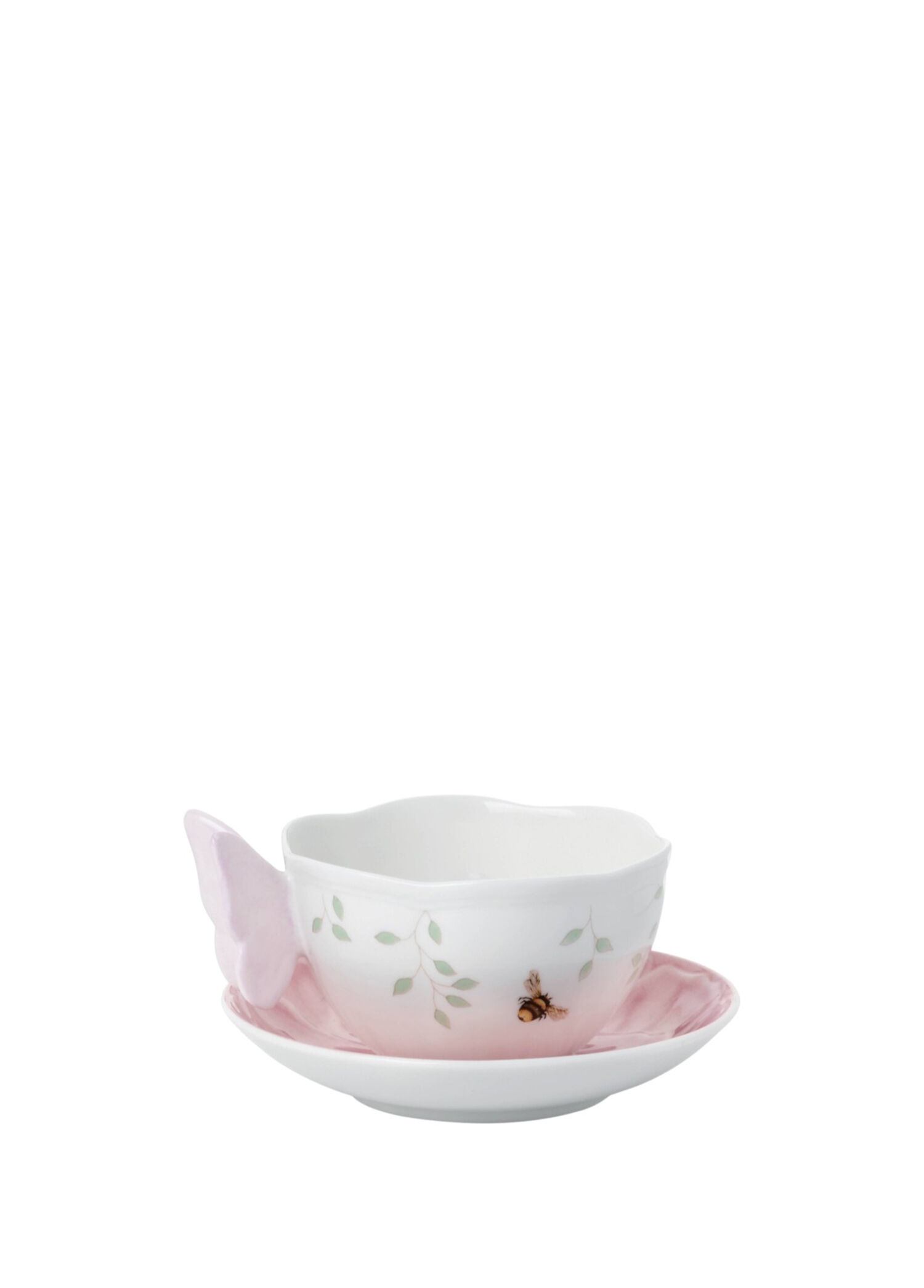 Lenox - Butterfly Desenli Pembe Porselen Kahve Çay Fincanı ve Tabağı - Pembe