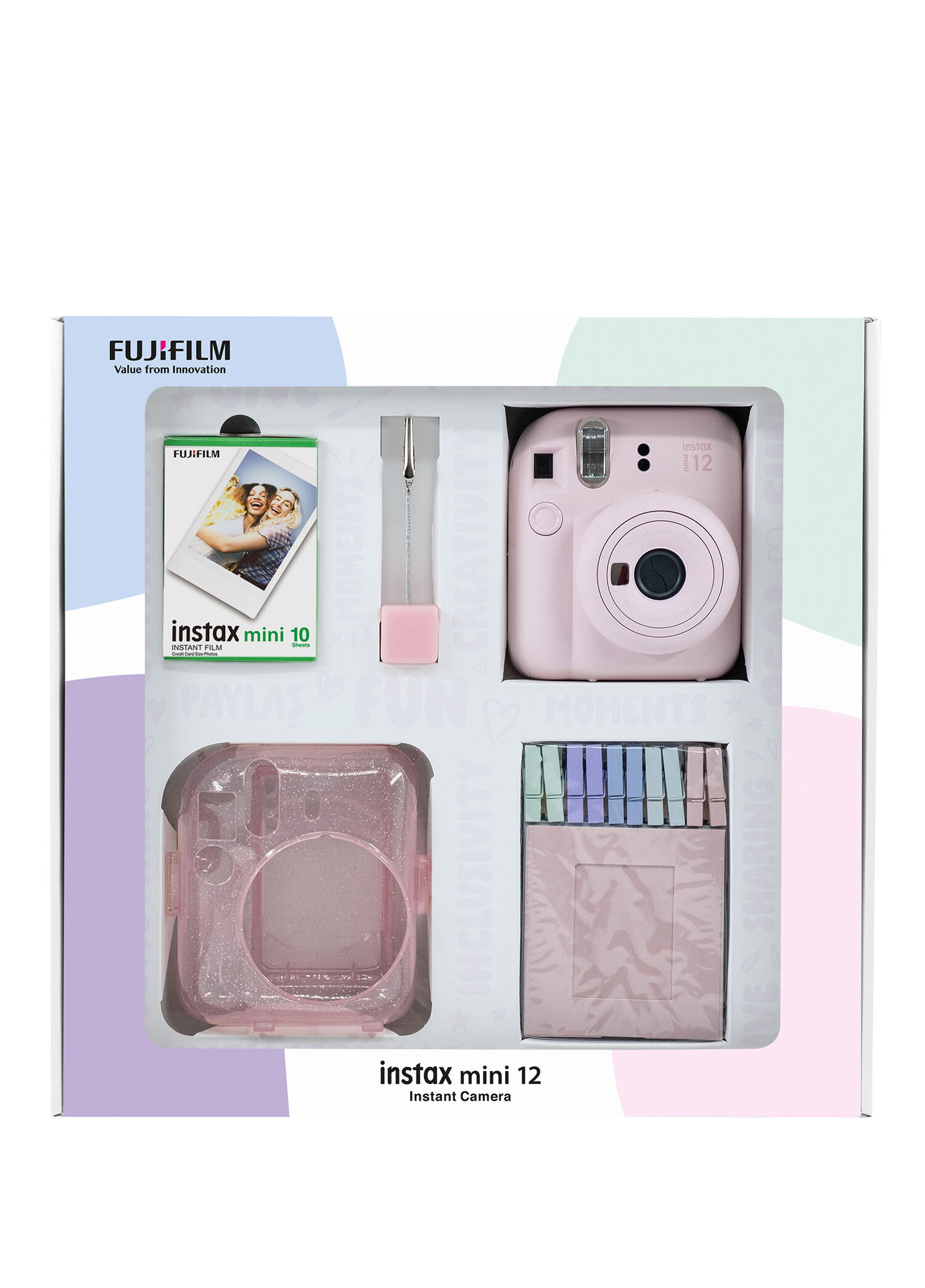 Instax Mini 12 Pembe Fotoğraf Makinesi Bundle Box + 10'lu Film Simli Pleksi Kılıf Mandal ve Kıskaçlı Resim Standlı