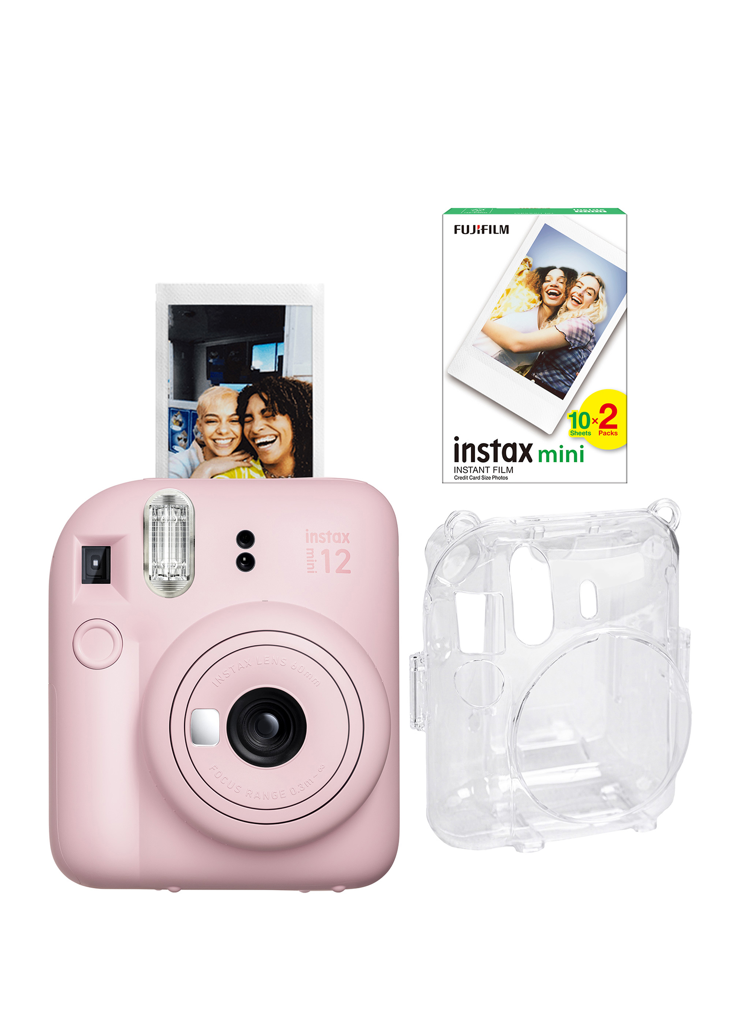 Instax Mini 12 Pembe Fotoğraf Makinesi + 20'li Film ve Şeffaf Kılıf Seti