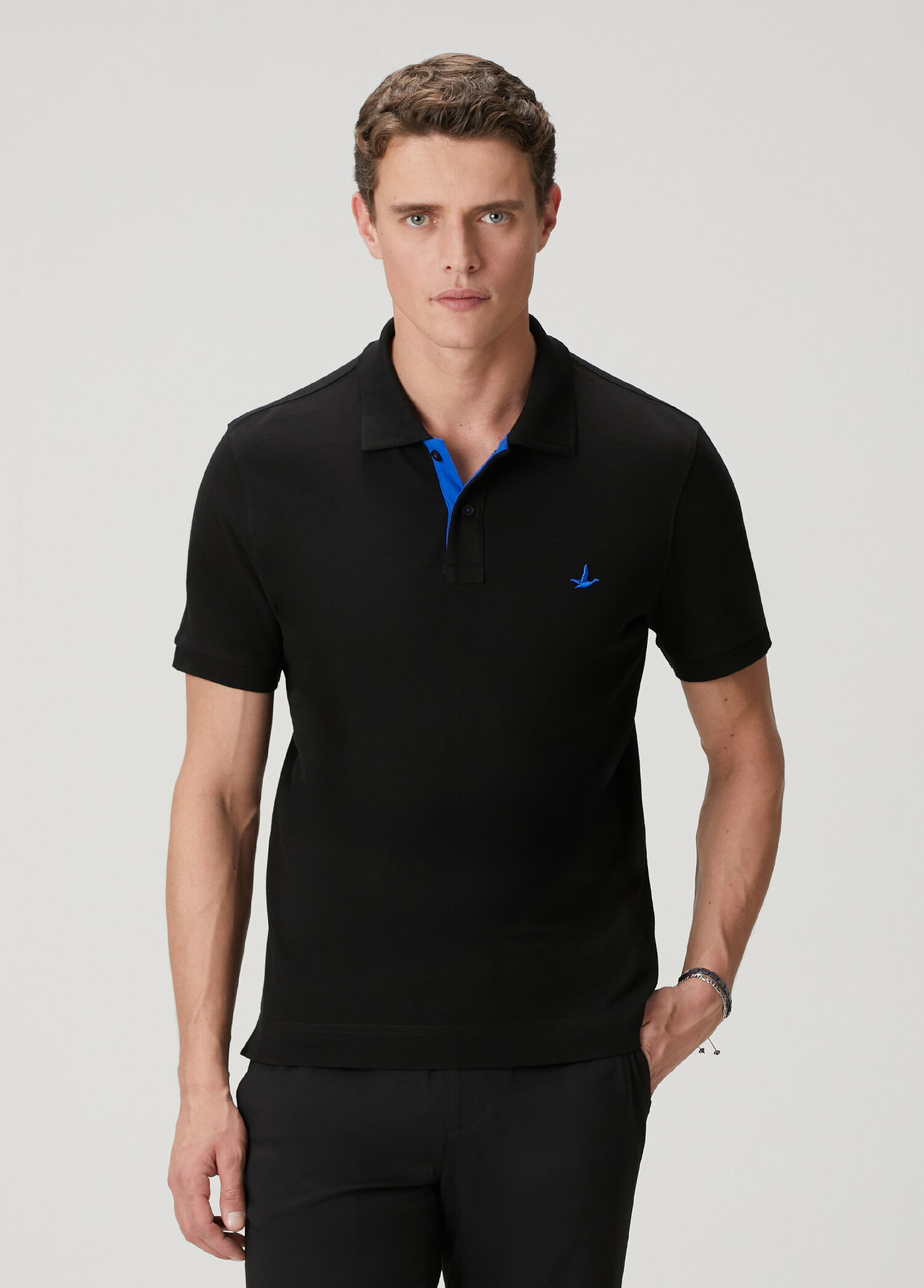 Slim Fit Siyah Yaka Altı Baskılı Basic Polo Tshirt