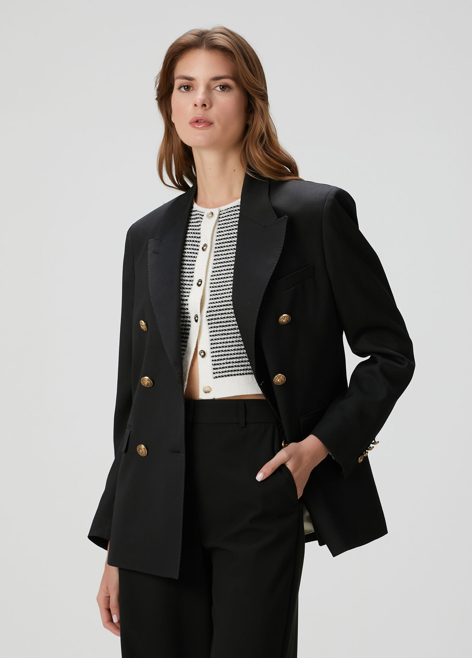 Siyah Kruvaze Yün Blazer