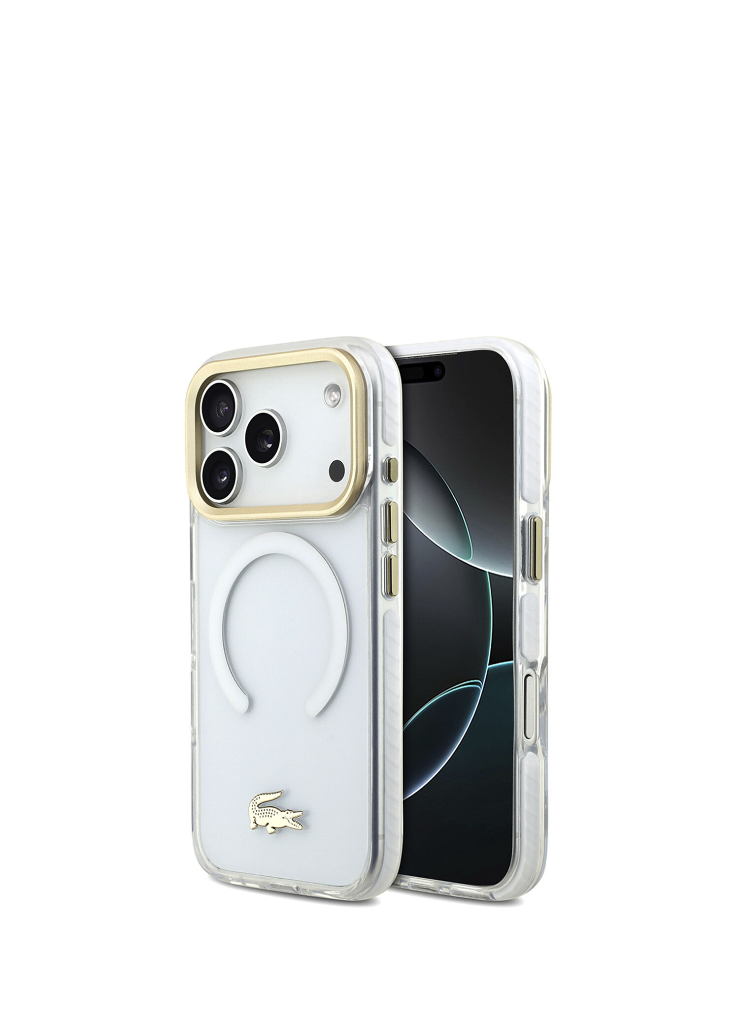 iPhone 17 Pro Gold Timsah Logolu Buzlu Beyaz Magsafe Uyumlu Telefon Kılıfı