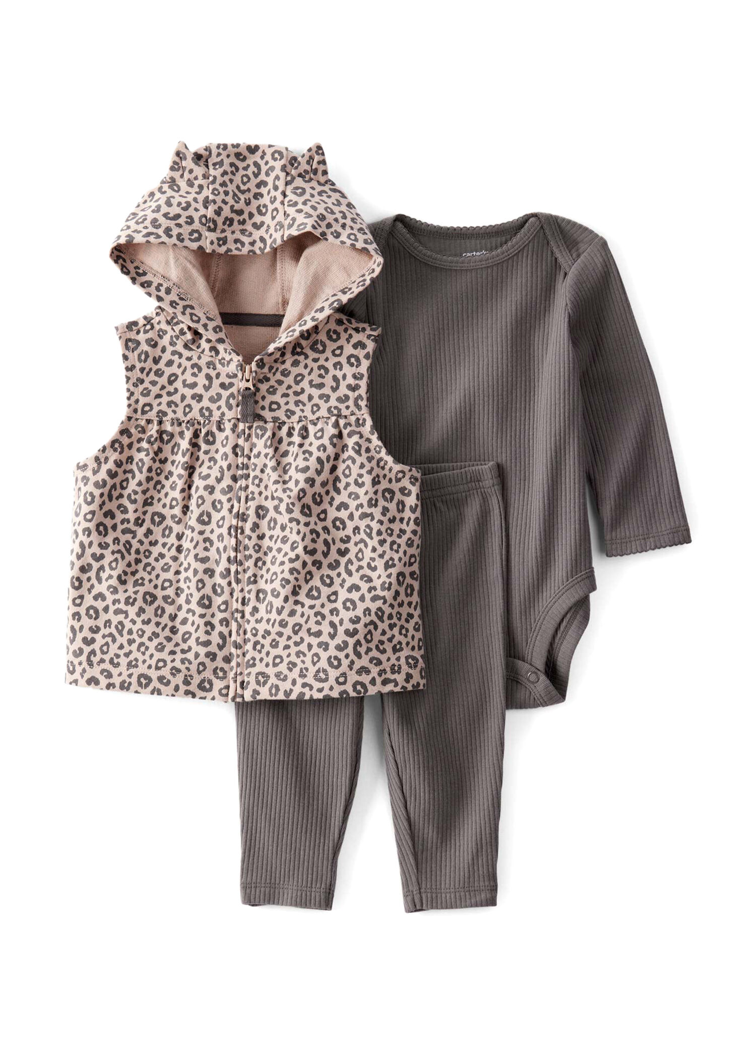 Kahverengi Yelek Pantolon ve Çıtçıtlı Body Kız Bebek 3'lü Set