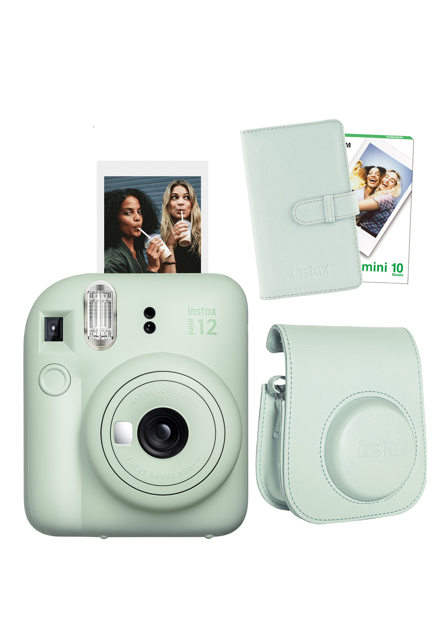 Instax Mini 12 Yeşil Fotoğraf Makinesi + 10'lu Film Laporta Albüm ve Deri Kılıf Seti