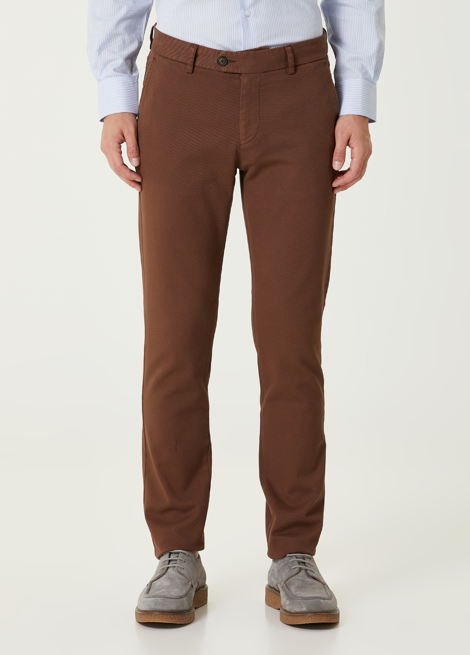 Slim Fit Kahverengi Twill Dokulu Chino Pantolon_1