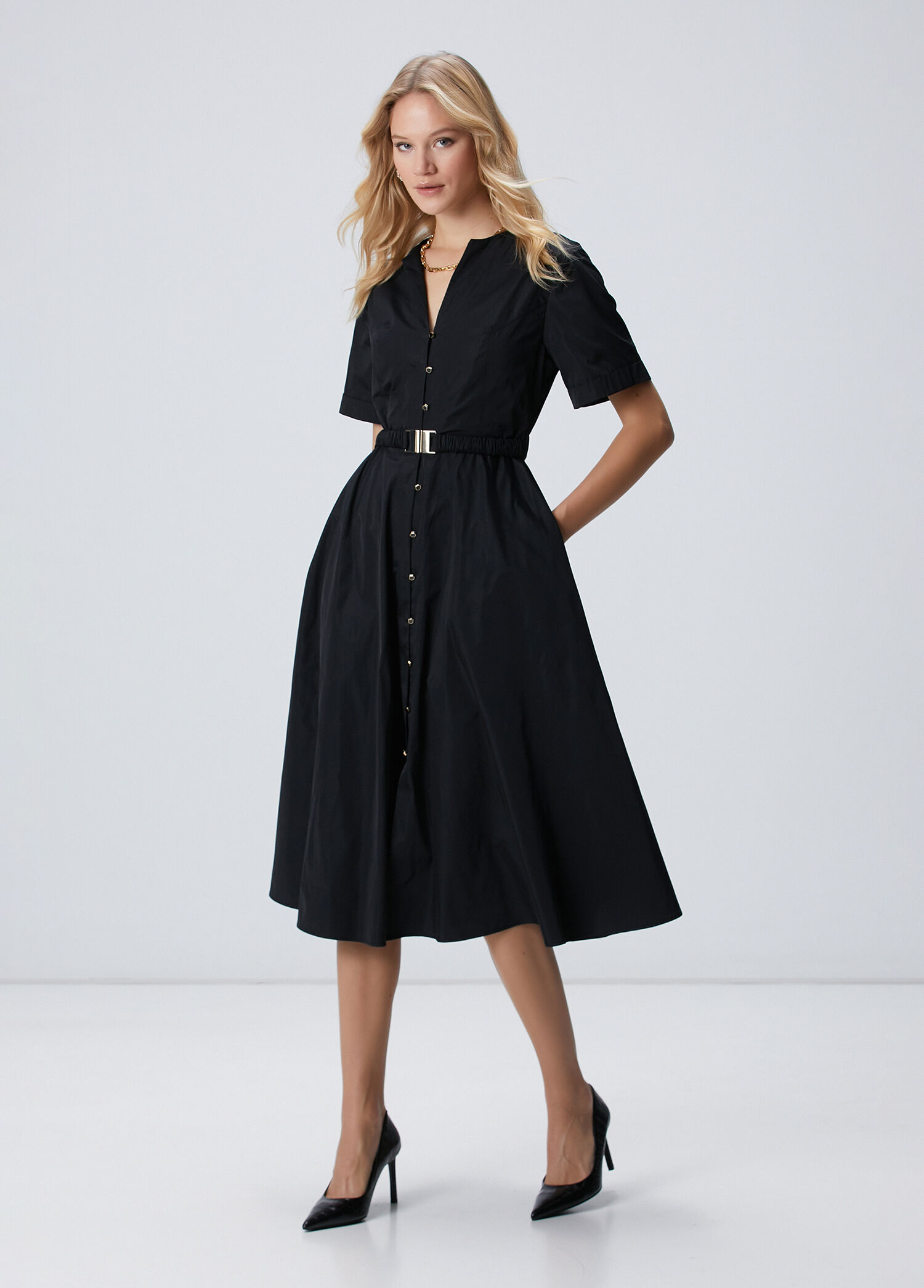 Black Pleated maxi taffeta shirt dress 94340 main image 0