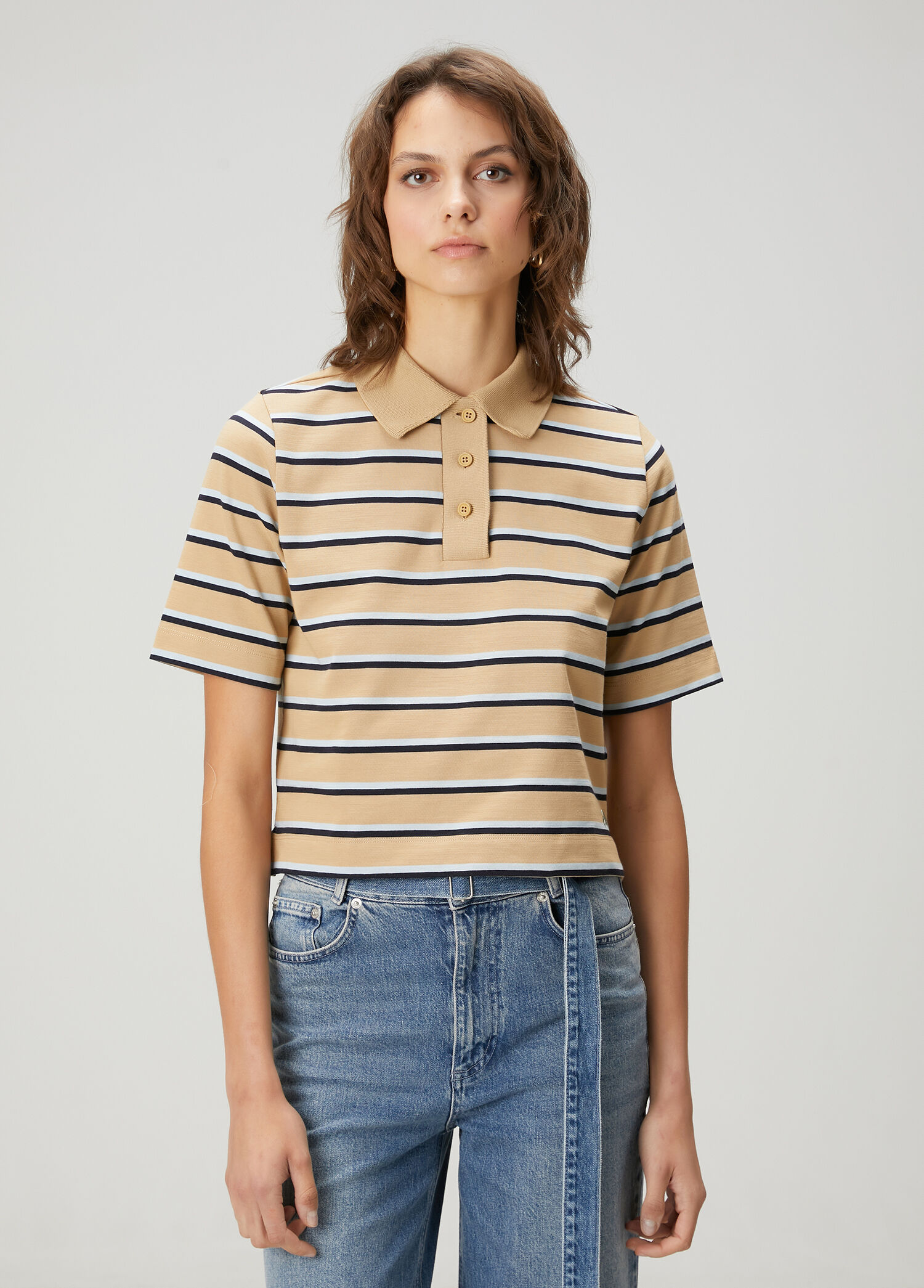 Bej Çizgili Polo T-shirt
