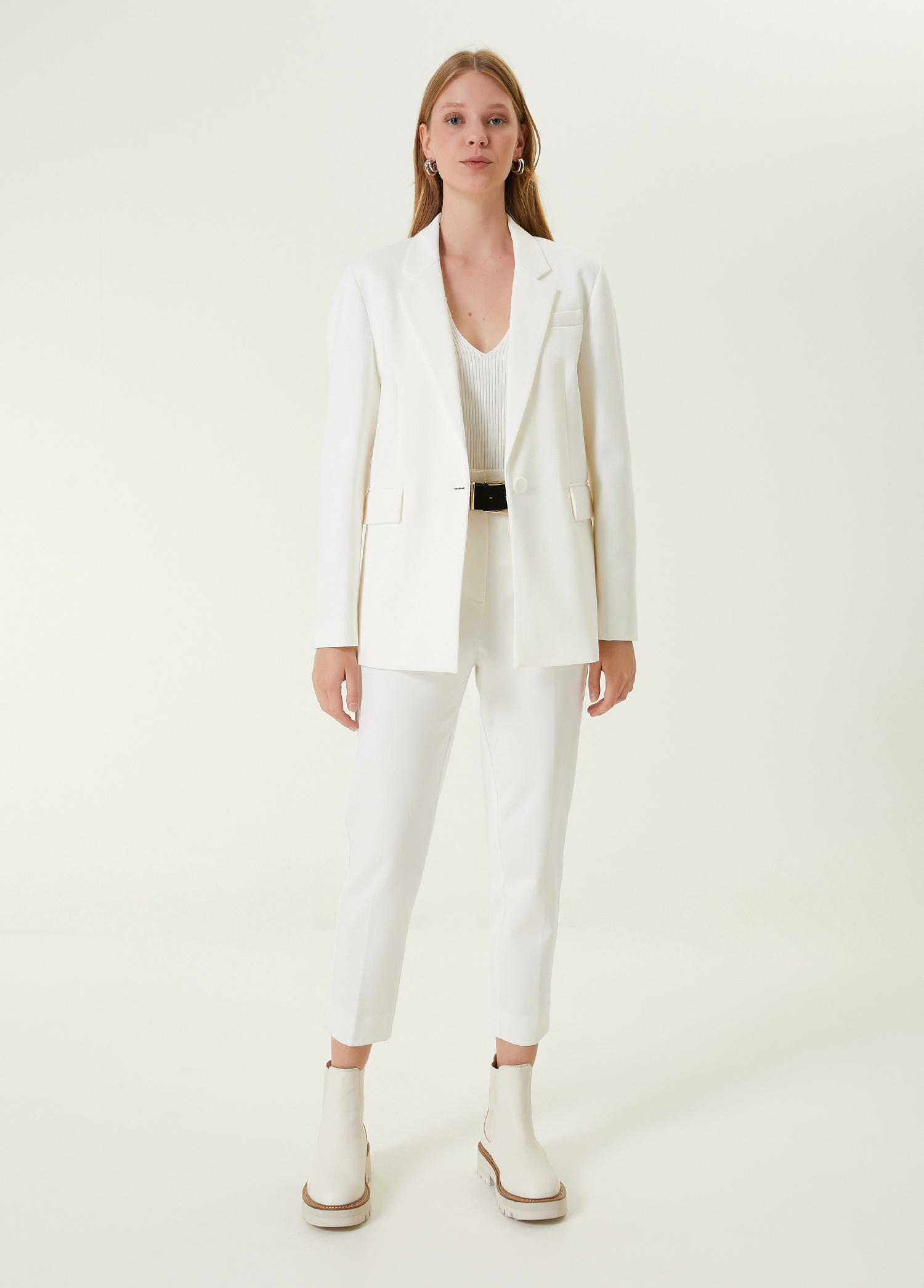 Kırık Beyaz Tek Düğmeli Spor Blazer_1