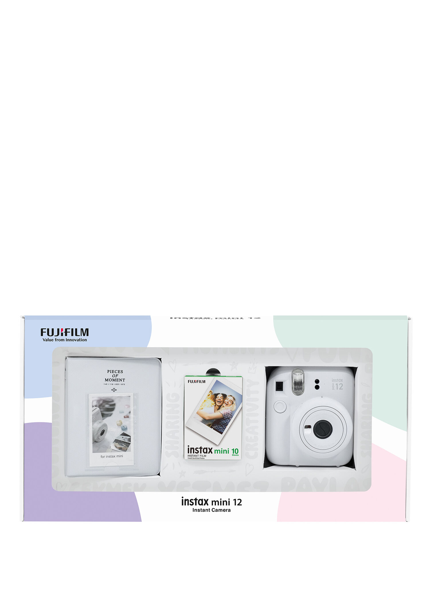 Instax Mini 12 Beyaz Fotoğraf Makinesi + 10'lu Film ve PVC Albüm Bundle Box