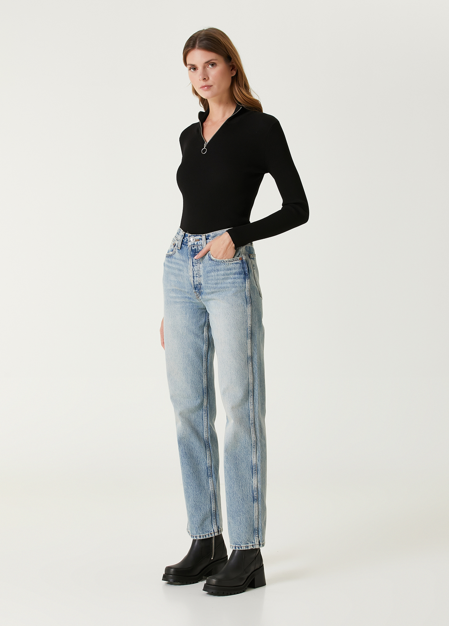 90s Açık Mavi High Rise Loose Jean Pantolon