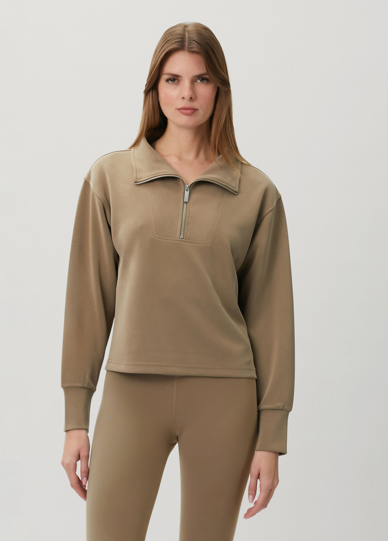 Sand Wash Half Zip Crop Yeşil Sweatshirt